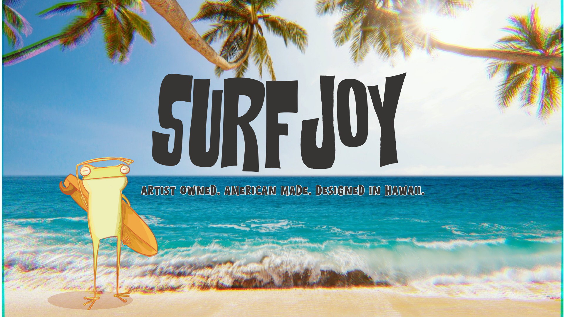 Beach scene with palm trees and 'Surf Joy' text, featuring a person with a surfboard.