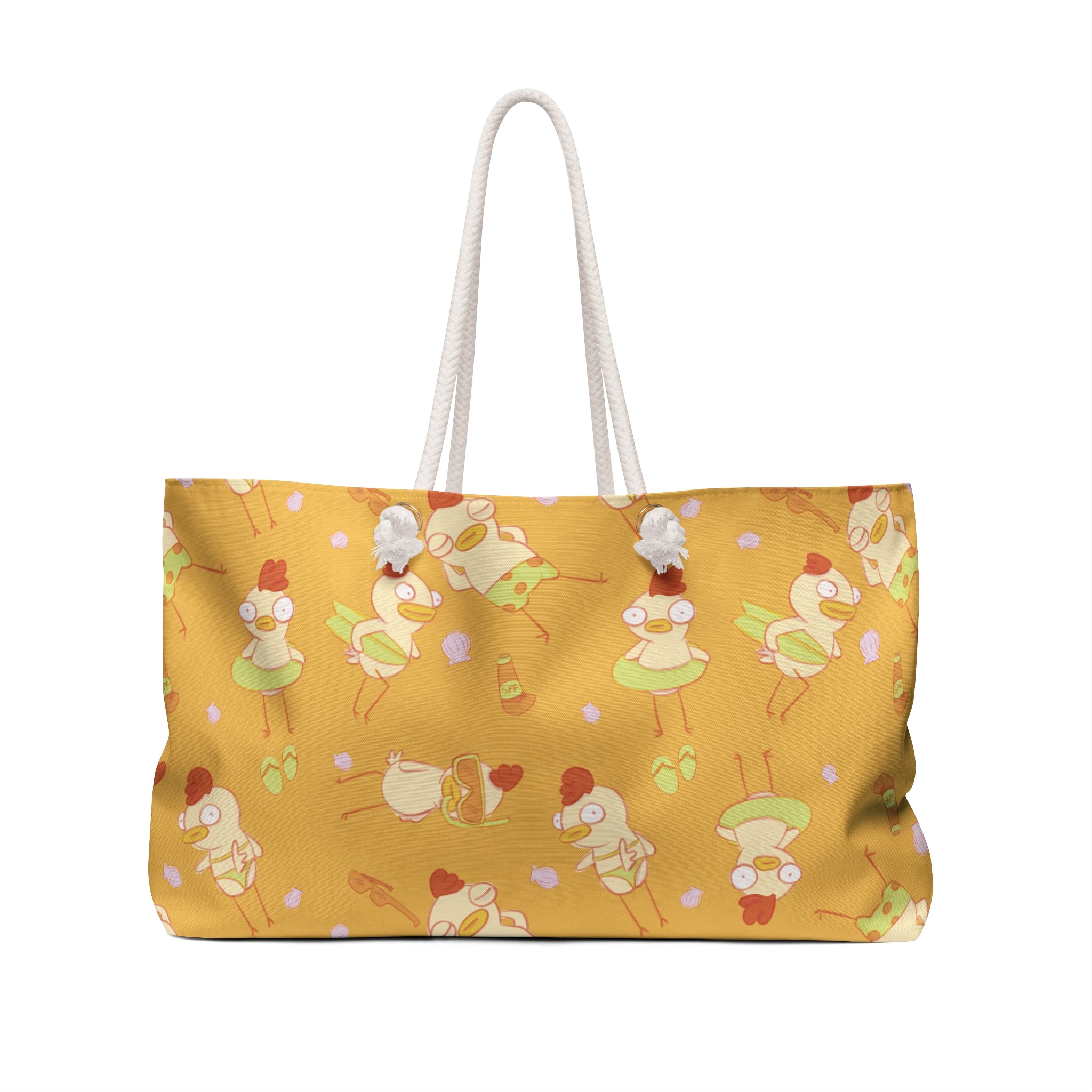back view of an oversized beach tote featuring an all over print of cute chicken characters in bikinis
