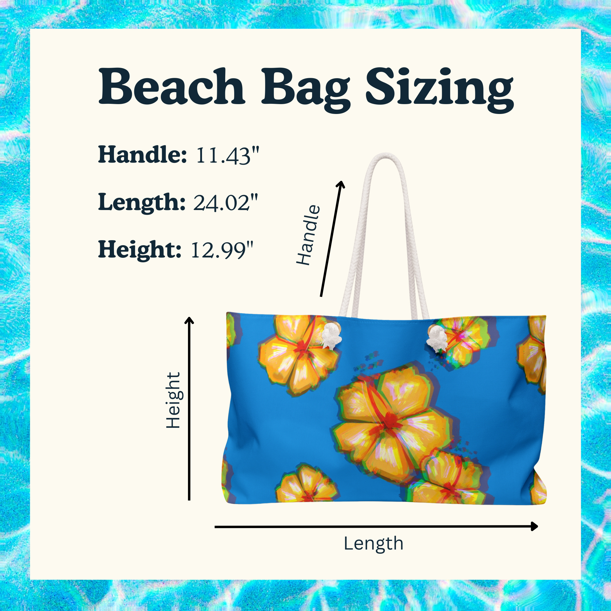 Beach bag with floral design and size measurement details on a blue water background