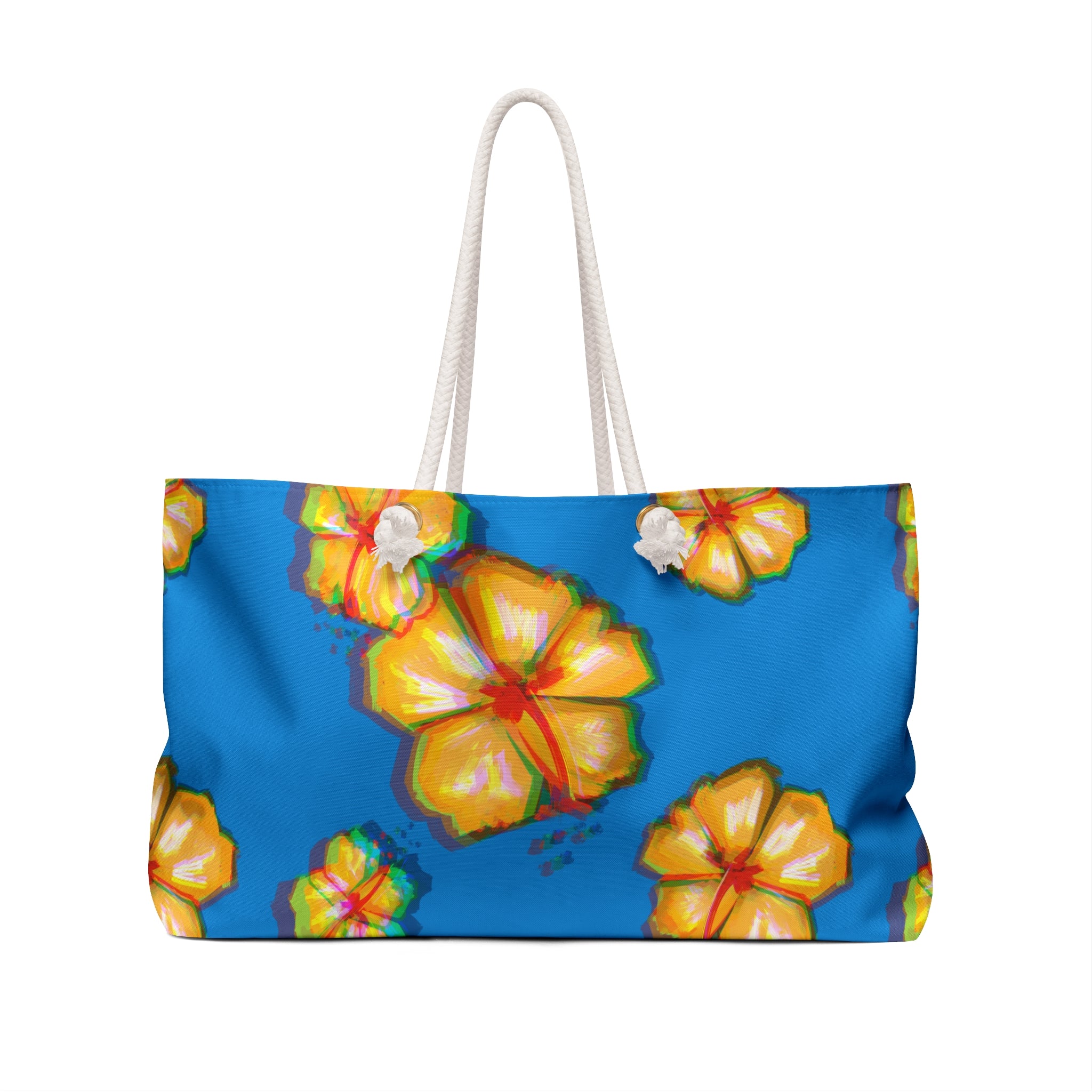 Back view of a colorful beach bag with colorful floral design on a blue background