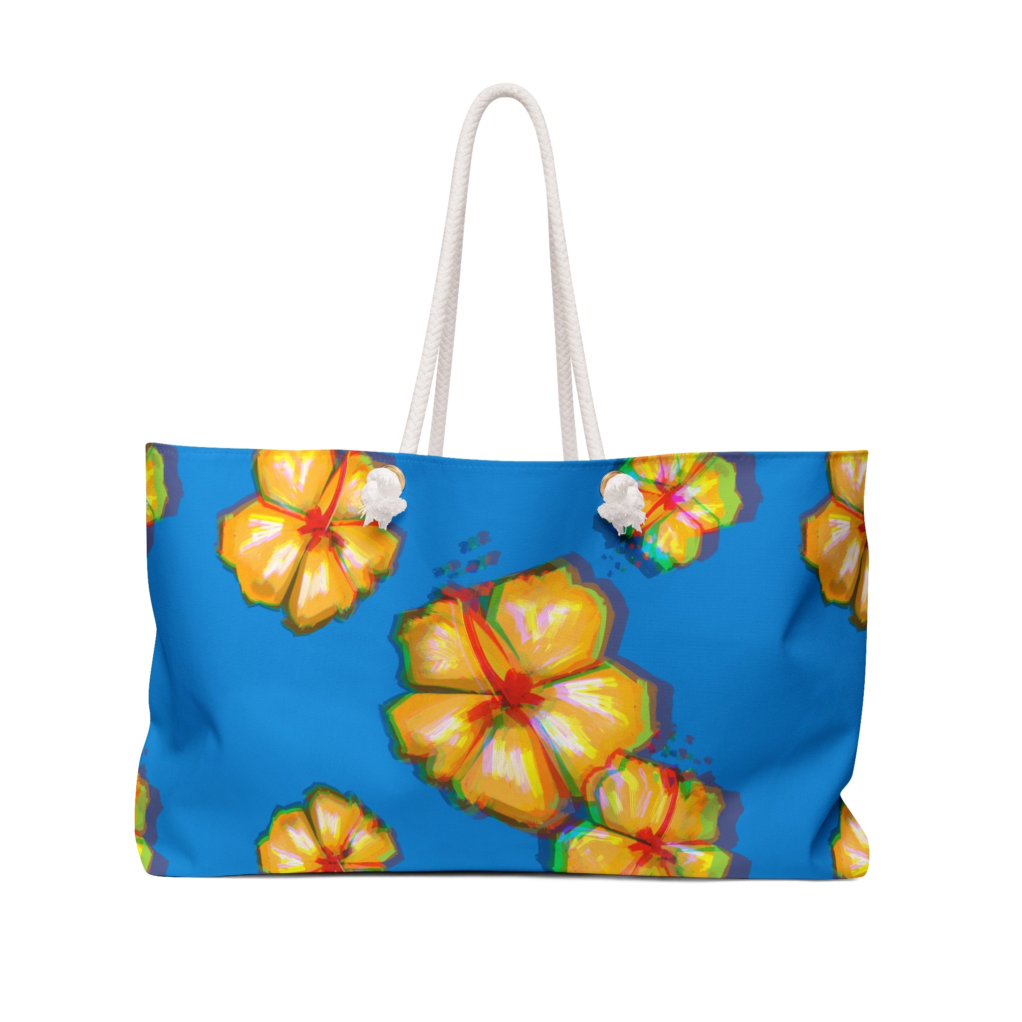 Tote bag with colorful floral hibiscus design on a blue background
