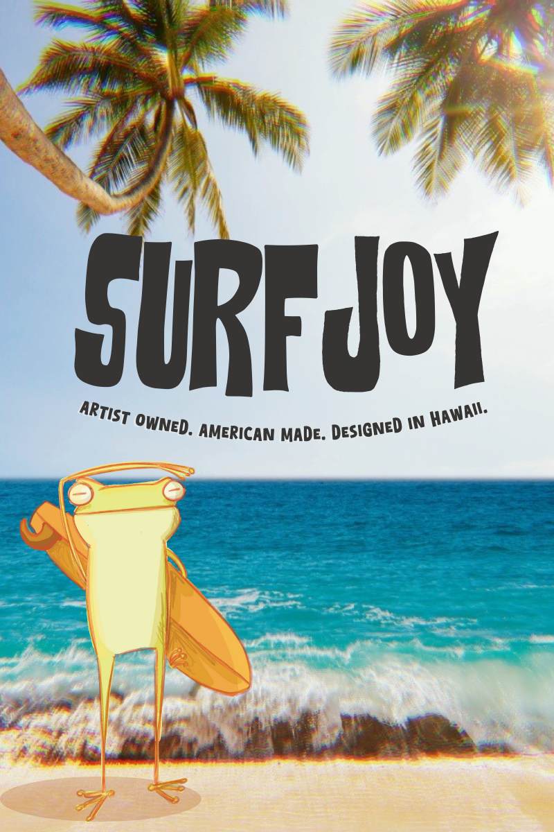 Surfboard with cartoon character on a beach with palm trees and blue sky.