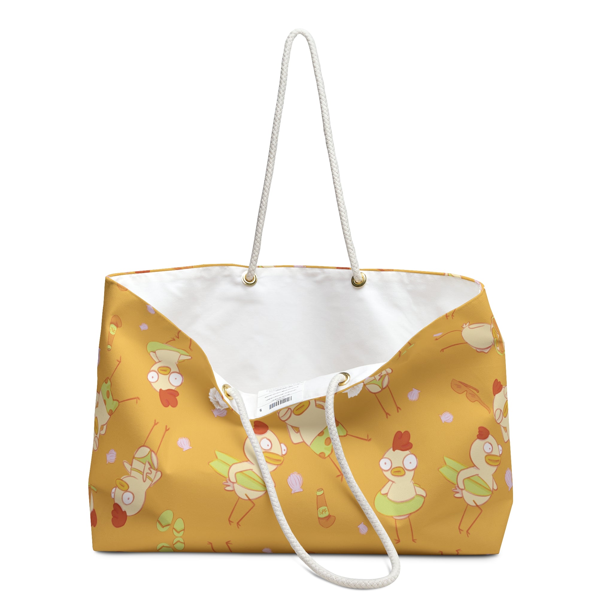 product view of an open oversized beach tote featuring an all over print of cute chicken characters in bikinis