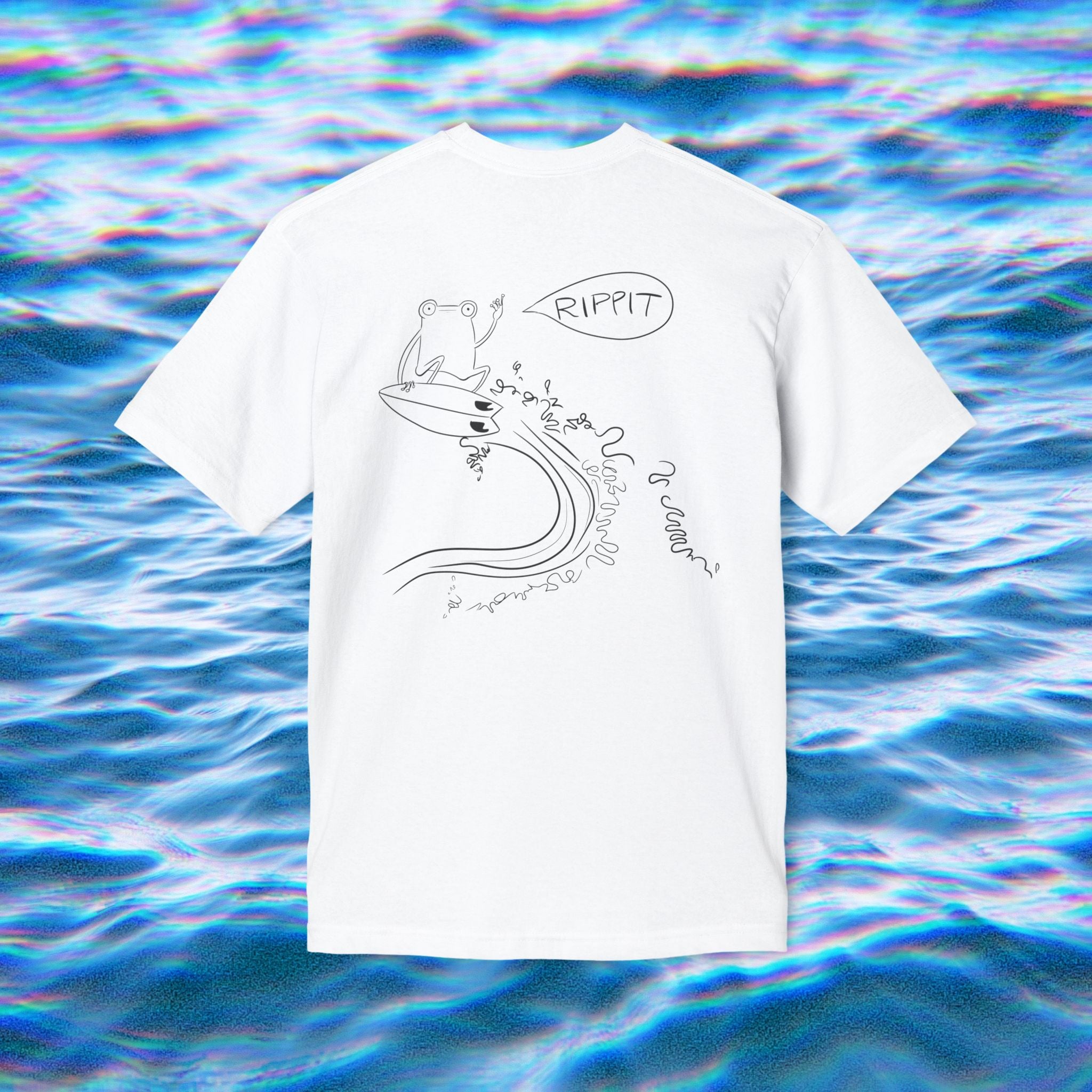 zoom view of the surfjoy original rippit t-shirt with a design of a frog catching air on a wave