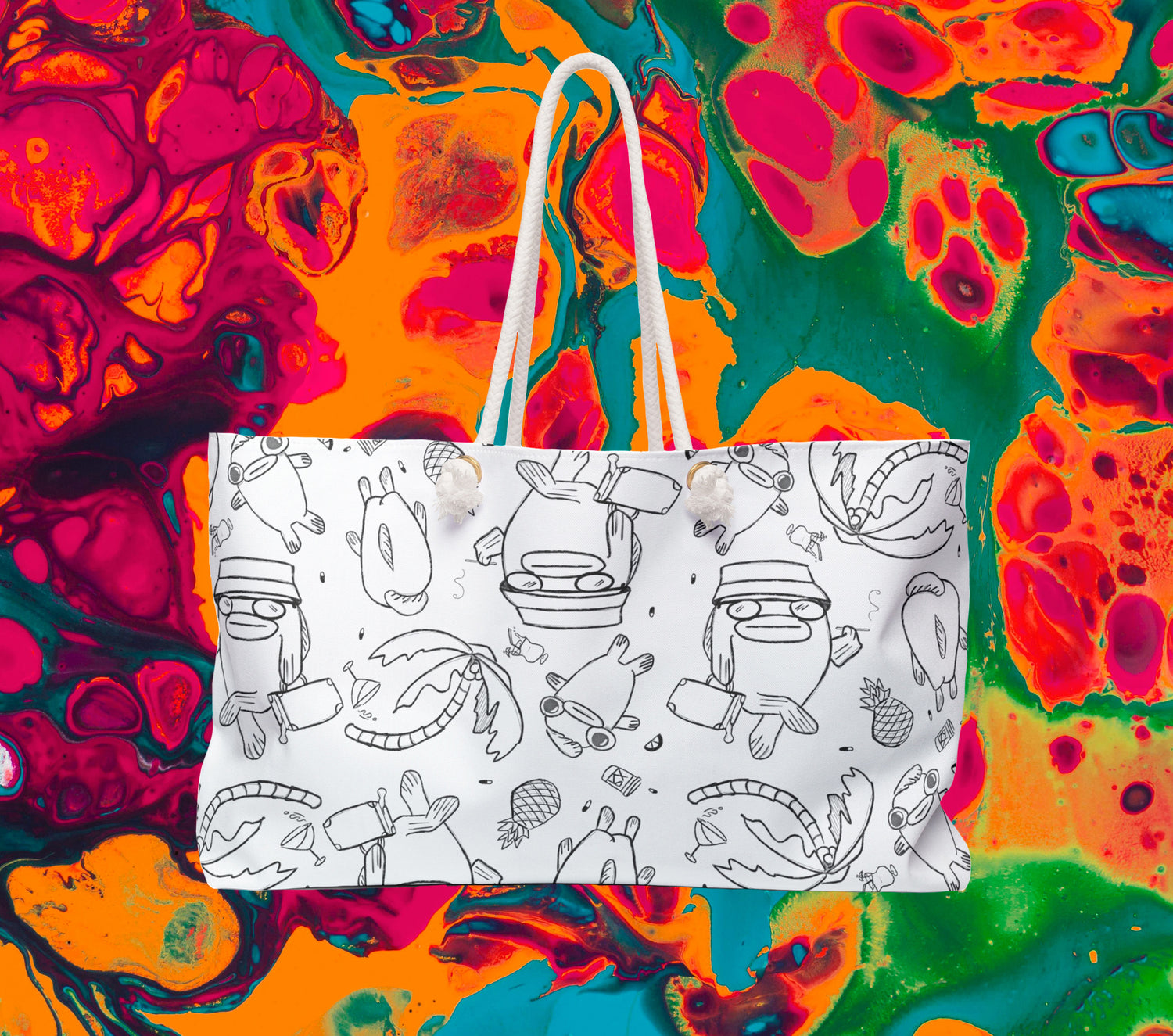 Fear and Loathing Inspired Beach Bag, white bag with black line work and trippy background