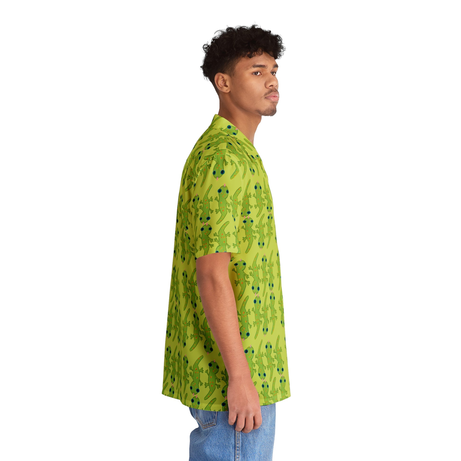 side view of a Hawaiian man wearing a green Button up aloha dress shirt with green gecko print, 90's nostalgic colors