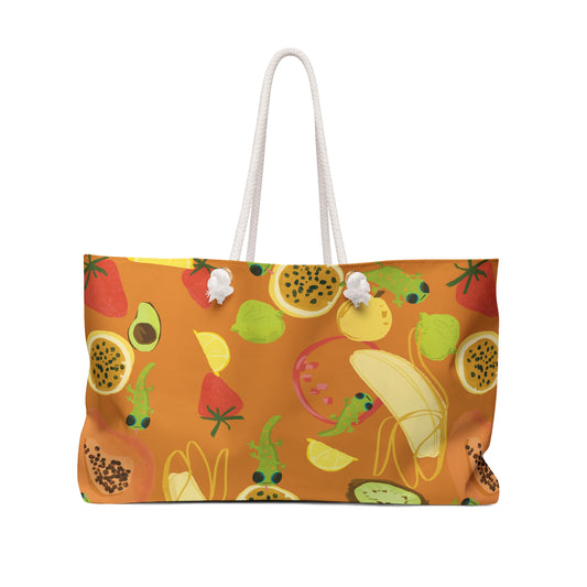 Tropical fruits n' gecko Weekender Beach Bag in Orange