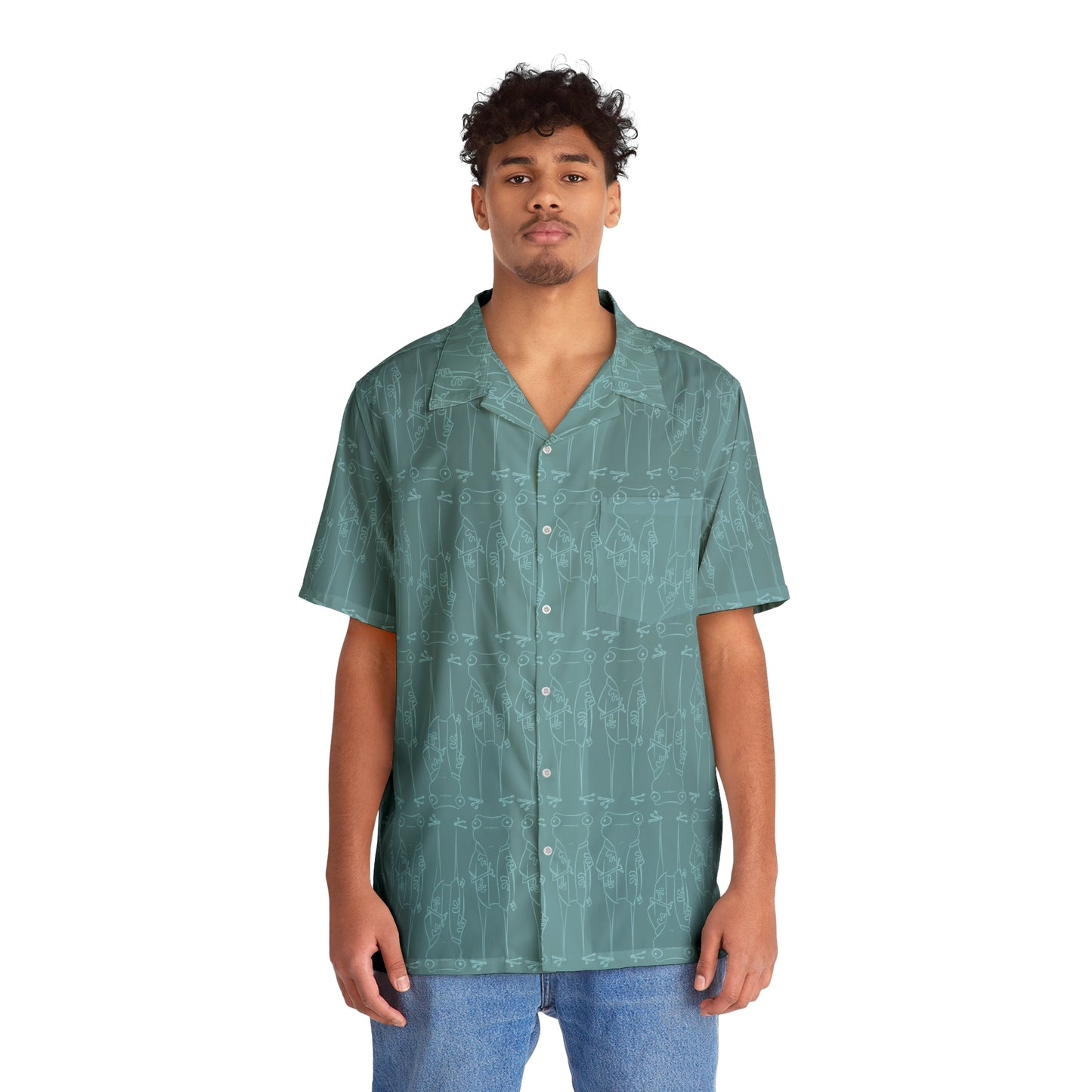 front view of a man wearing a A surfjoy frog character button up aloha dress shirt in muted aqua blue with lighter blue print