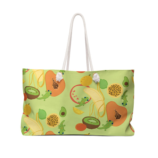 Tropical fruits n' gecko Weekender Beach Bag in Lime Green