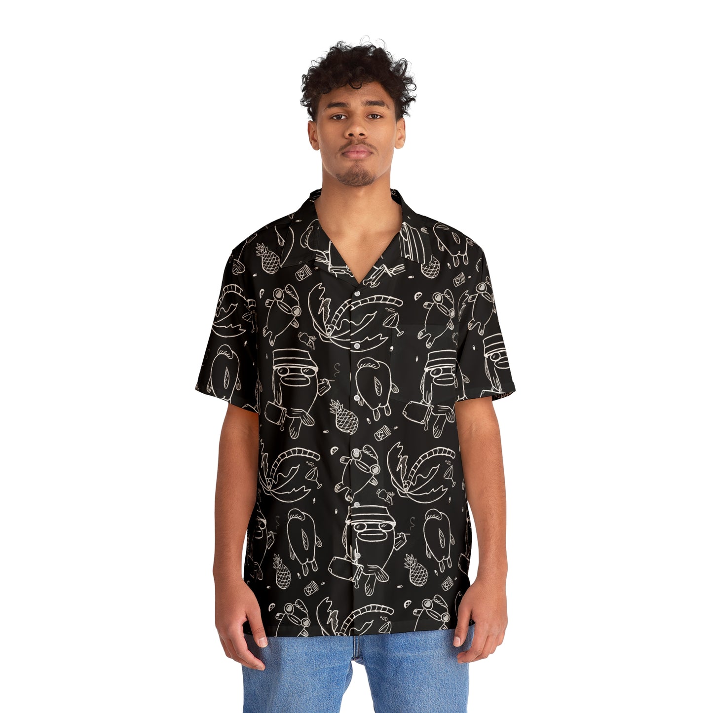 Man in stylish black button up shirt with SURFJOY illustrations of fish in commemorative style of Hunter S Thomspon