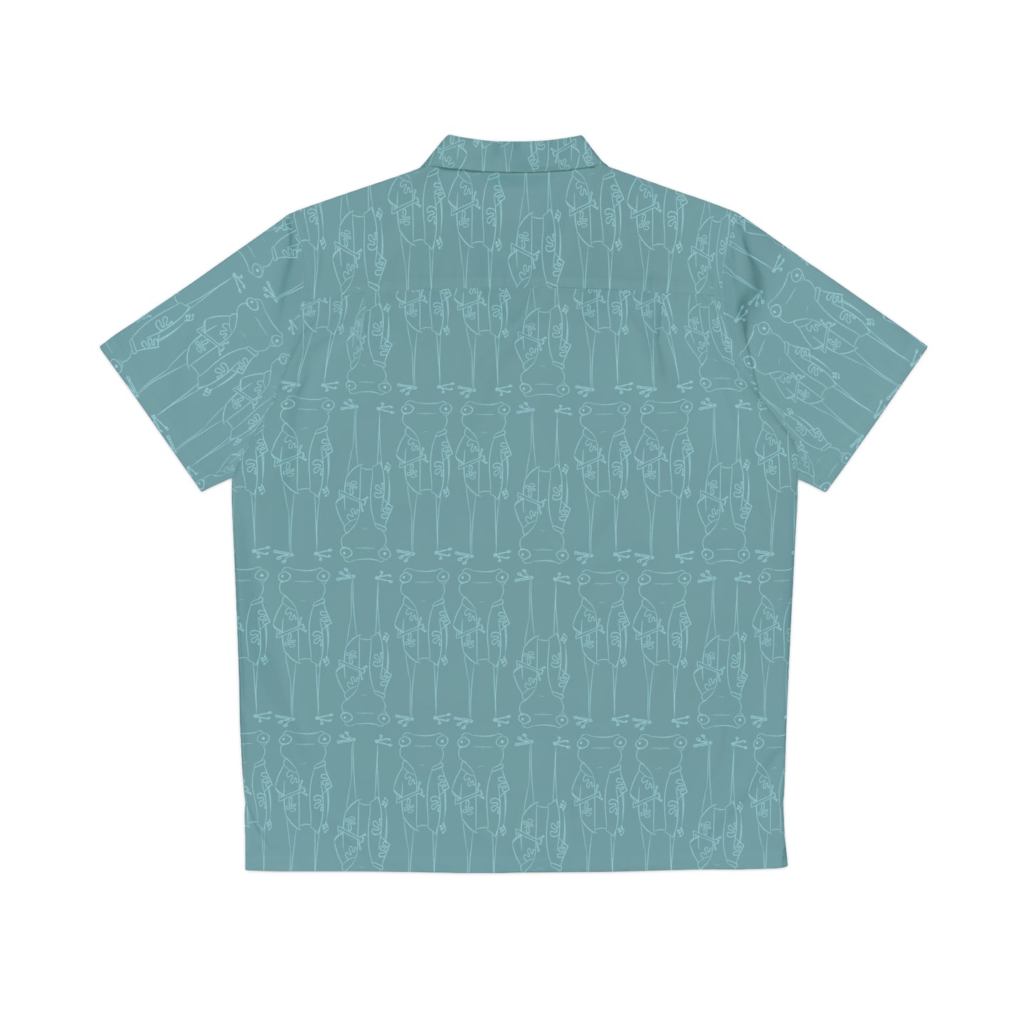 back view of a surfjoy frog character button up aloha dress shirtin muted aqua blue with lighter blue print