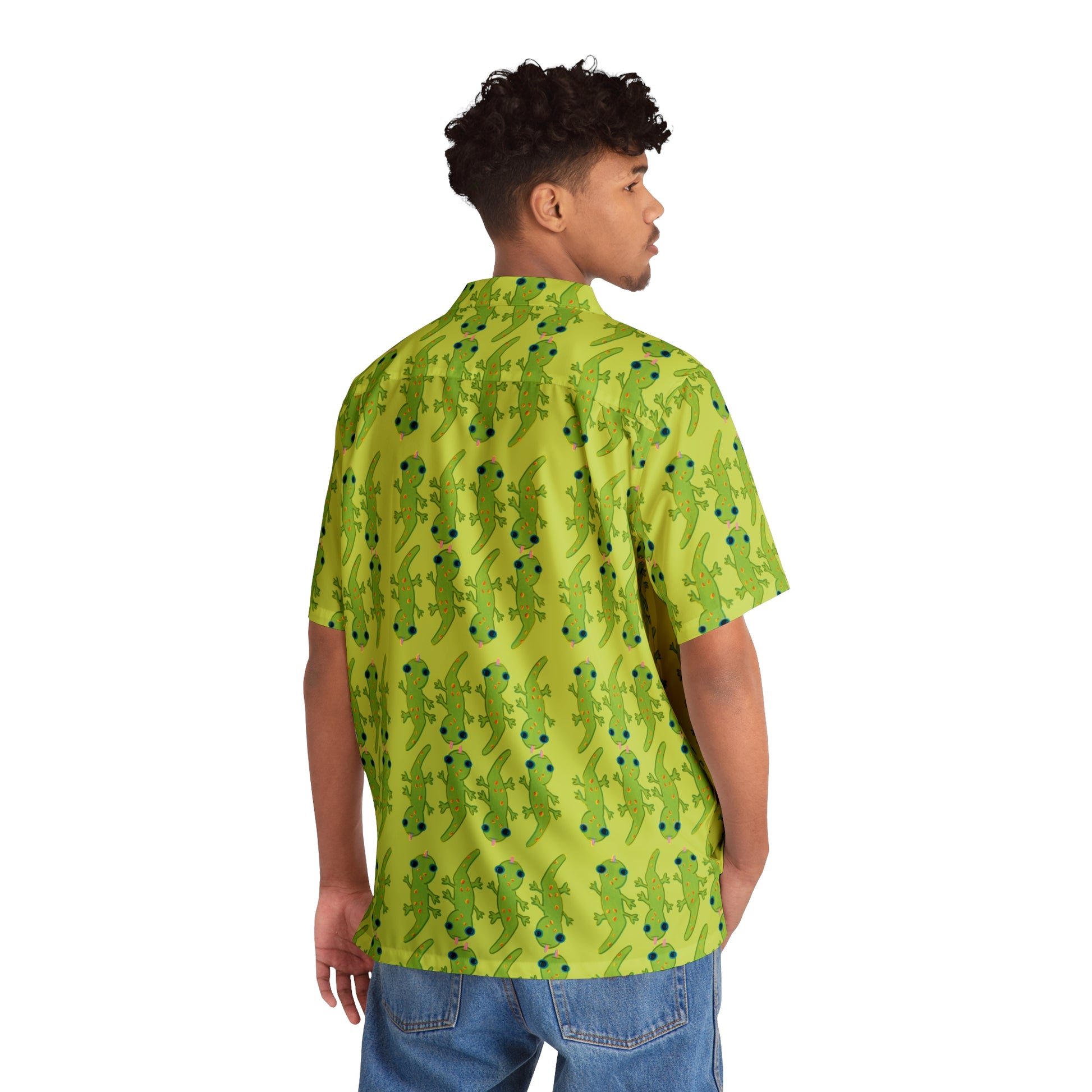 back view of a Hawaiian man wearing a green Button up aloha dress shirt with green gecko print, 90's nostalgic colors