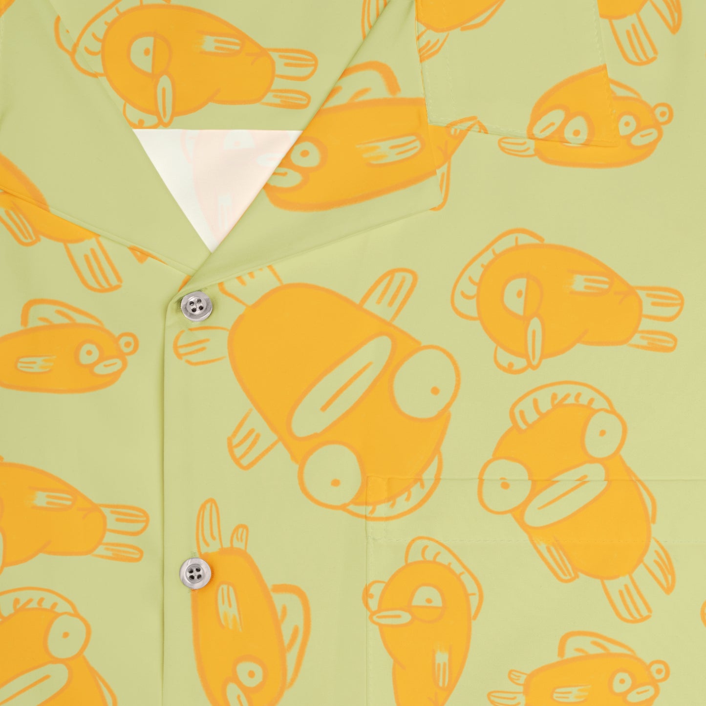 zoom in up close of 90s nostalgic print with funky fish character design in orange linework on sage green button up aloha shirt 