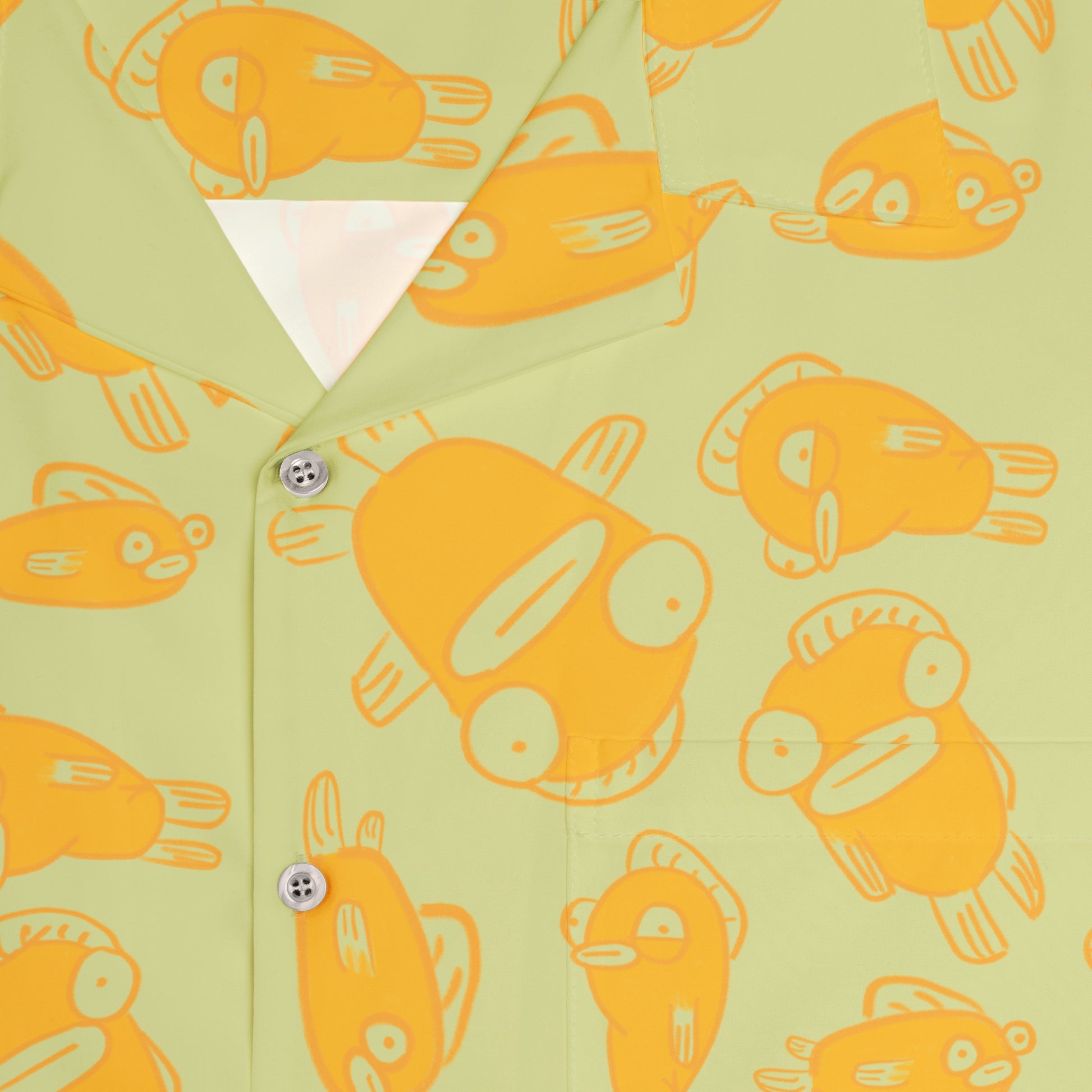 zoom in up close of 90s nostalgic print with funky fish character design in orange linework on sage green button up aloha shirt 