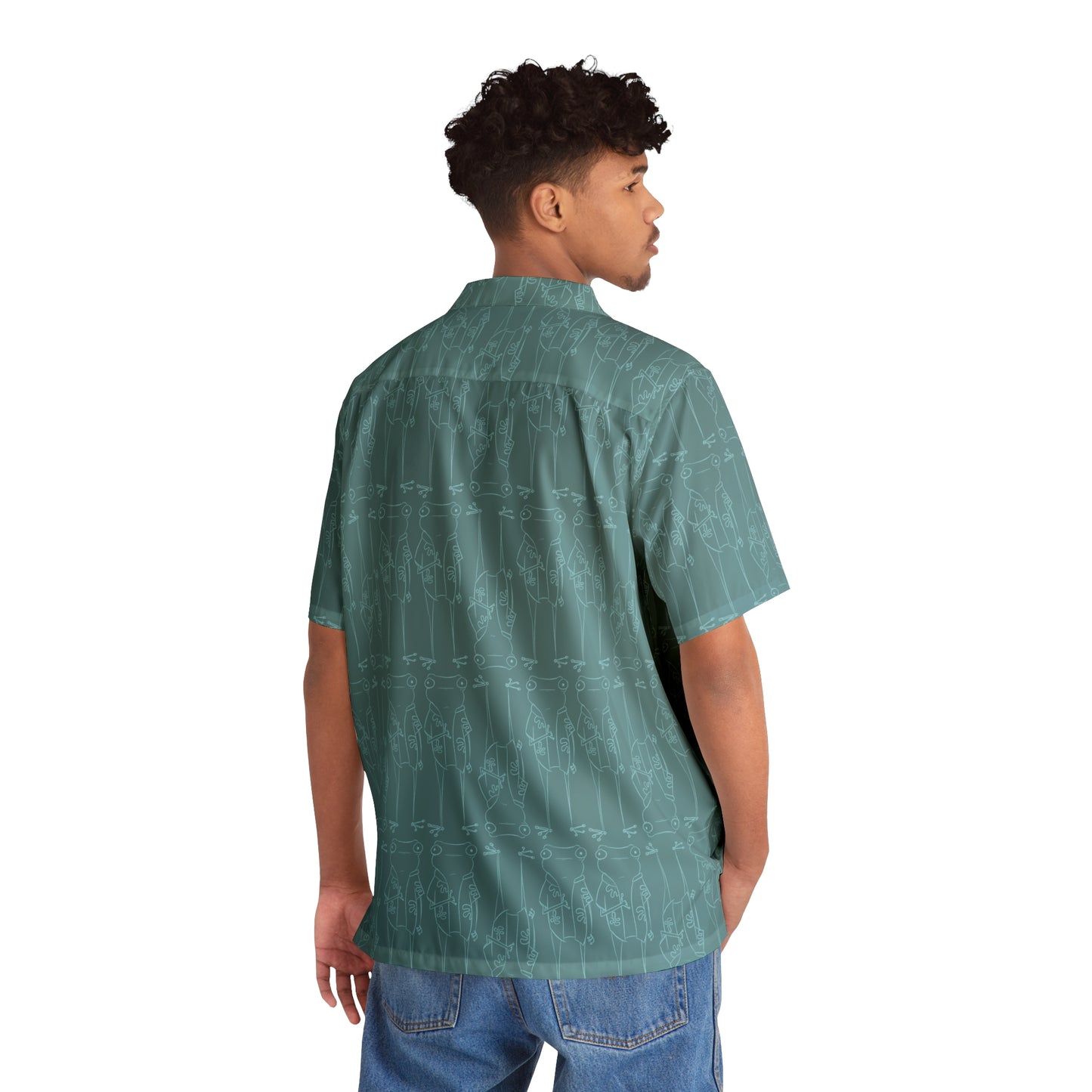 Back view of man wearing a A surfjoy frog character button up aloha dress shirtin muted aqua blue with lighter blue print