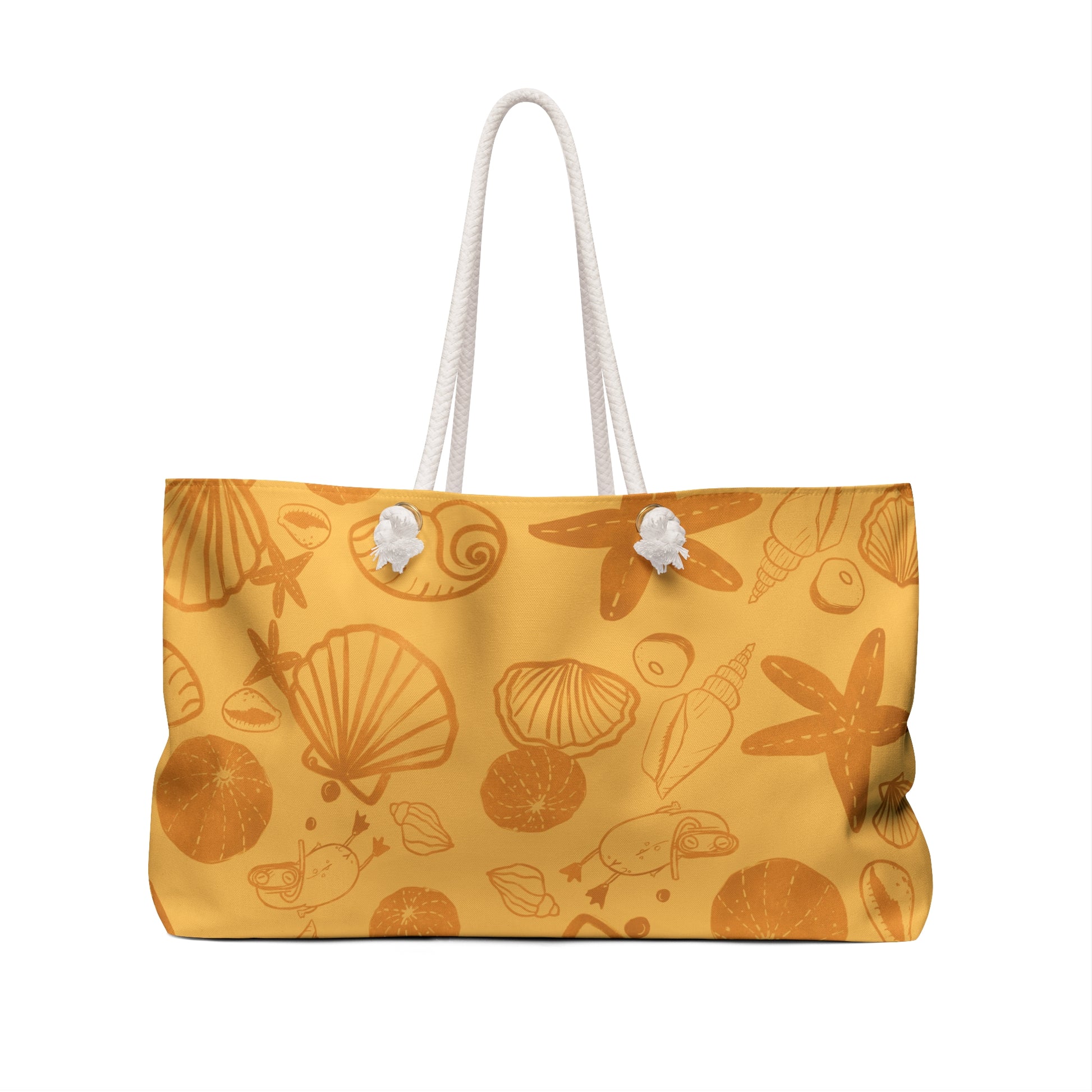 large beach bag with vintage orange print of sea shells and a surfjoy frog character diving 