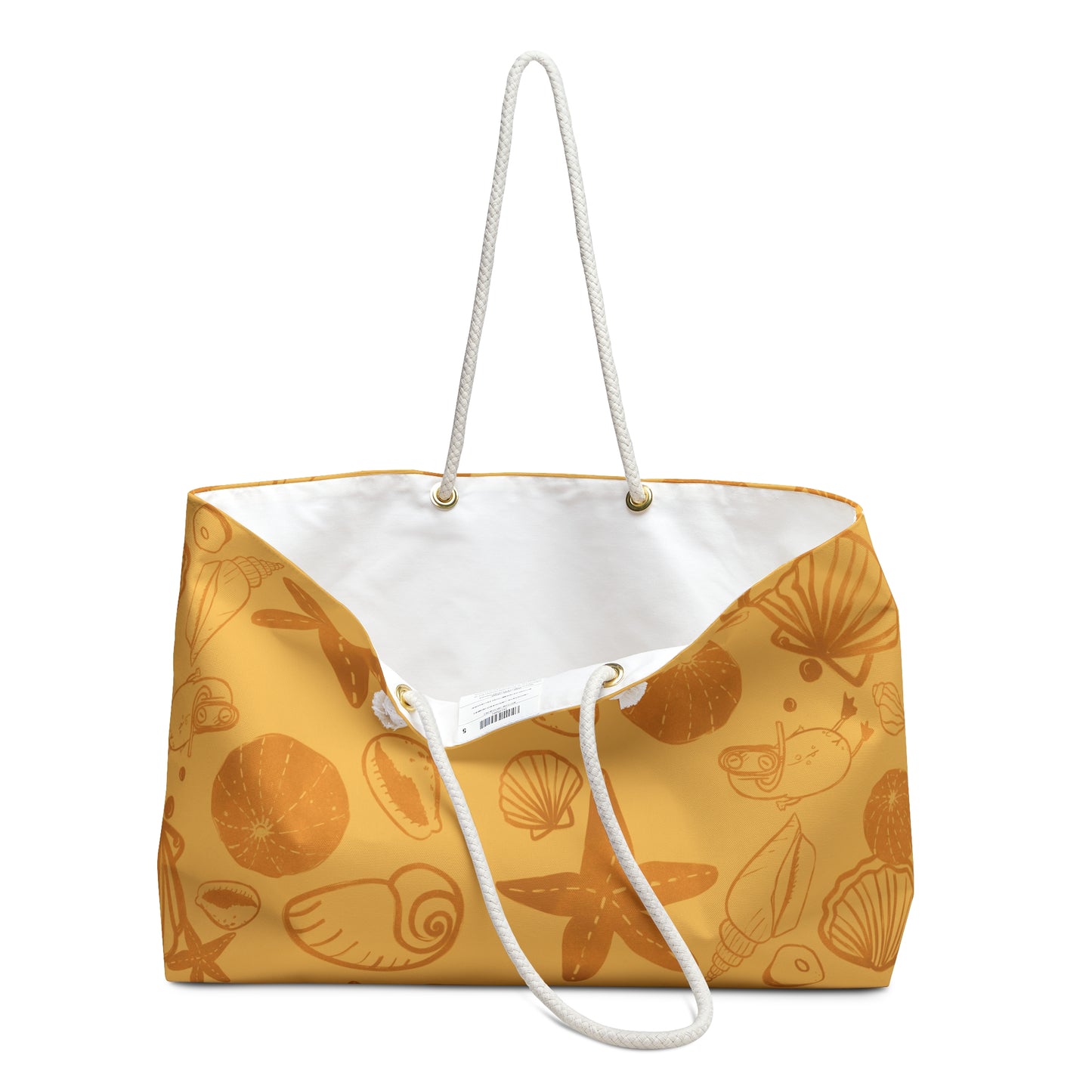 large beach bag with vintage orange print of sea shells and a surfjoy frog character diving 