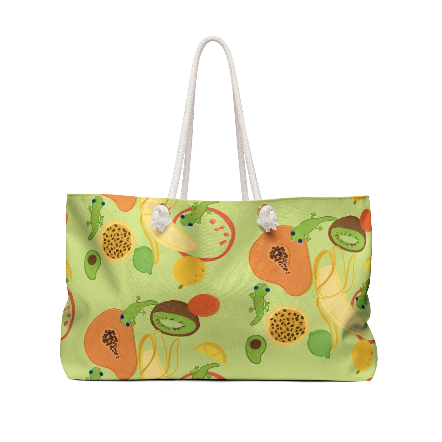 Tropical fruits n' gecko Weekender Beach Bag in Lime Green