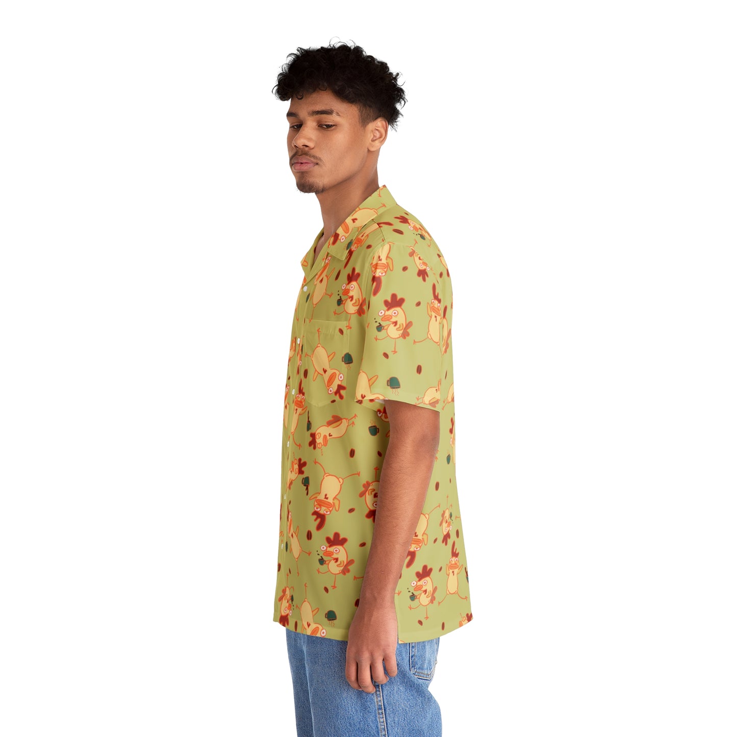 a side view of a Hawaiian man wearing a sage green button up shirt with a funky chicken and coffee bean pattern, aloha shirt, chickens drinking cofffee