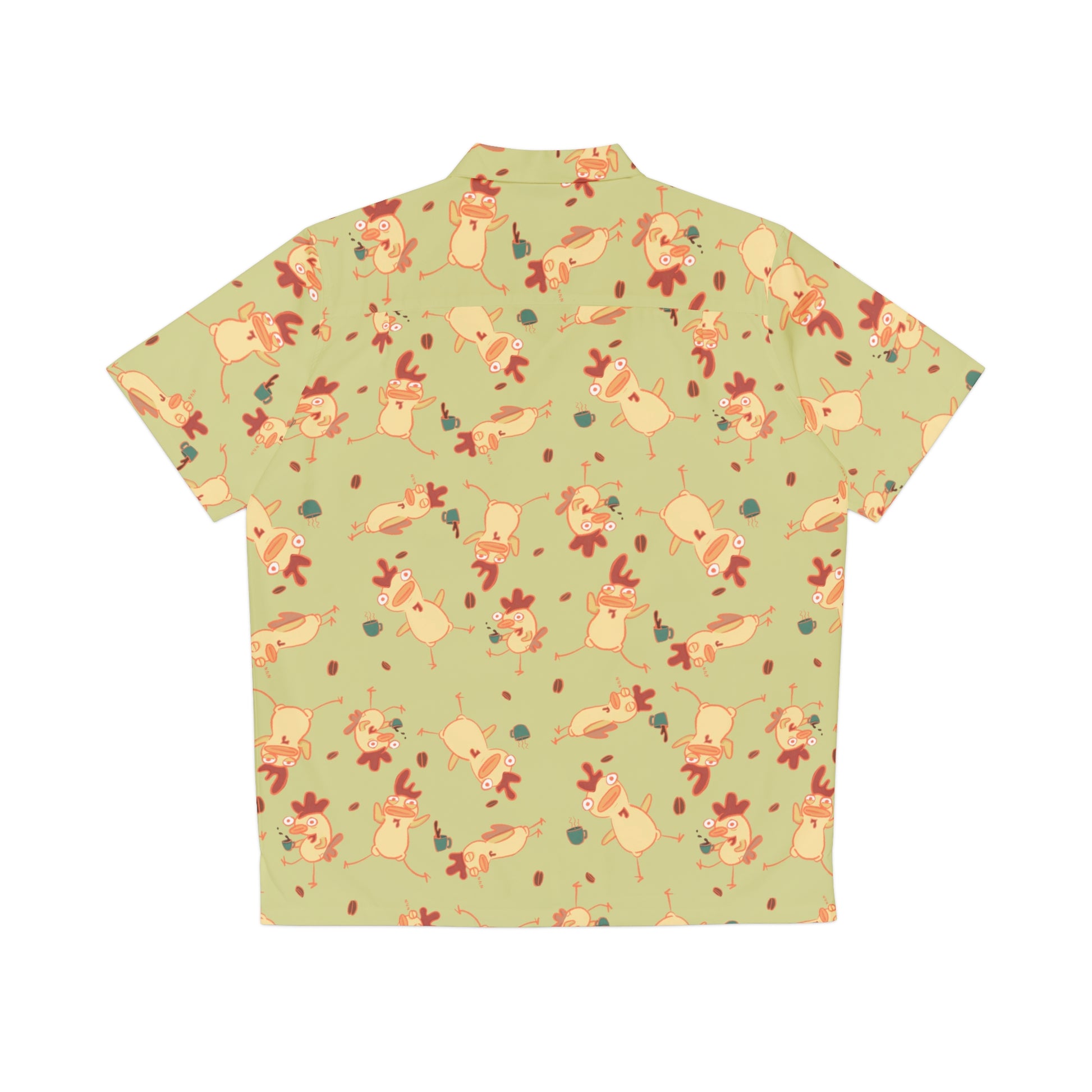 A sage green button up shirt with a funky chicken and coffee bean pattern, aloha shirt, chickens drinking cofffee