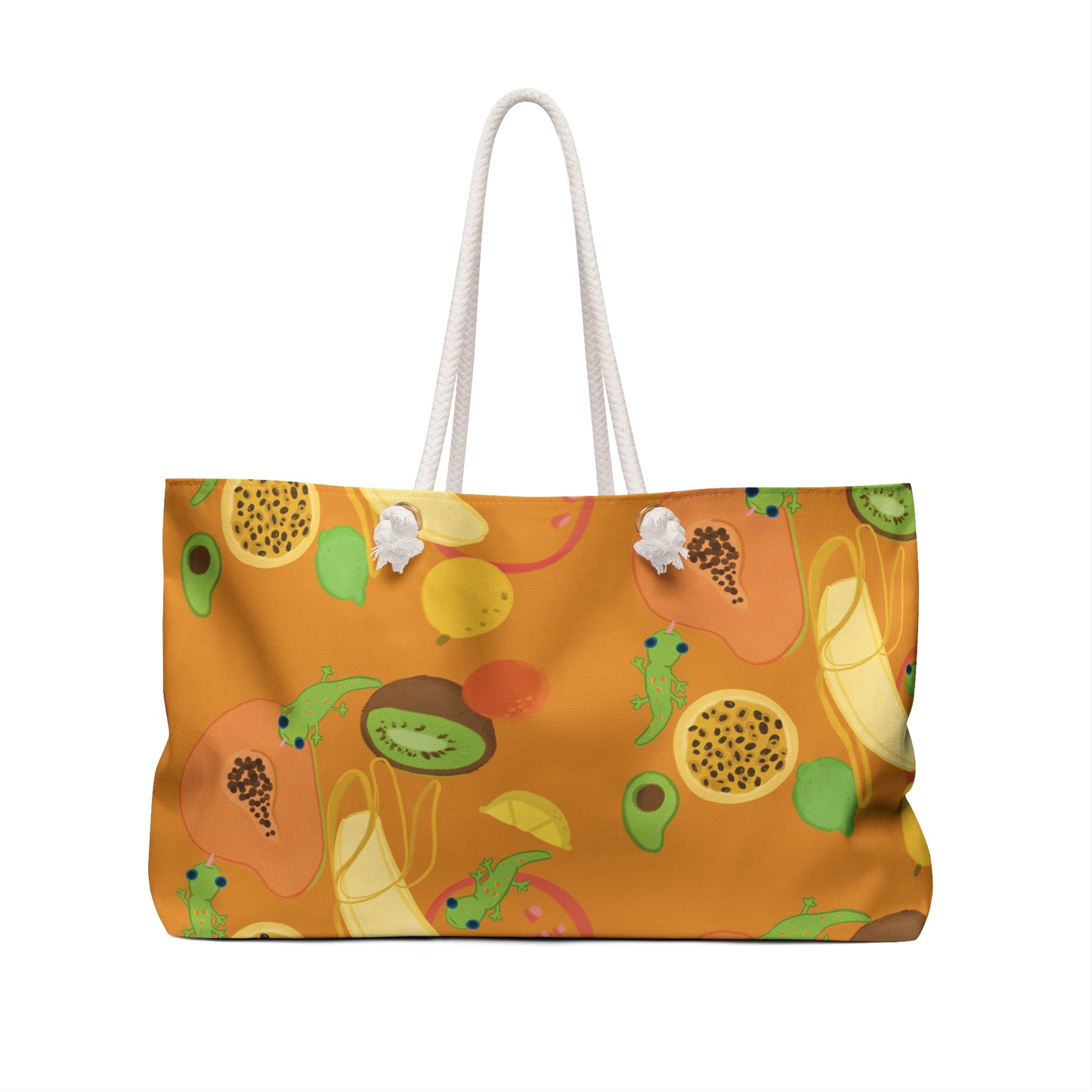 large orange beach bag with rope handles and pattern of tropical fruits and geckos with banana papaya kiwi lilikoi avocado hawaii fruits