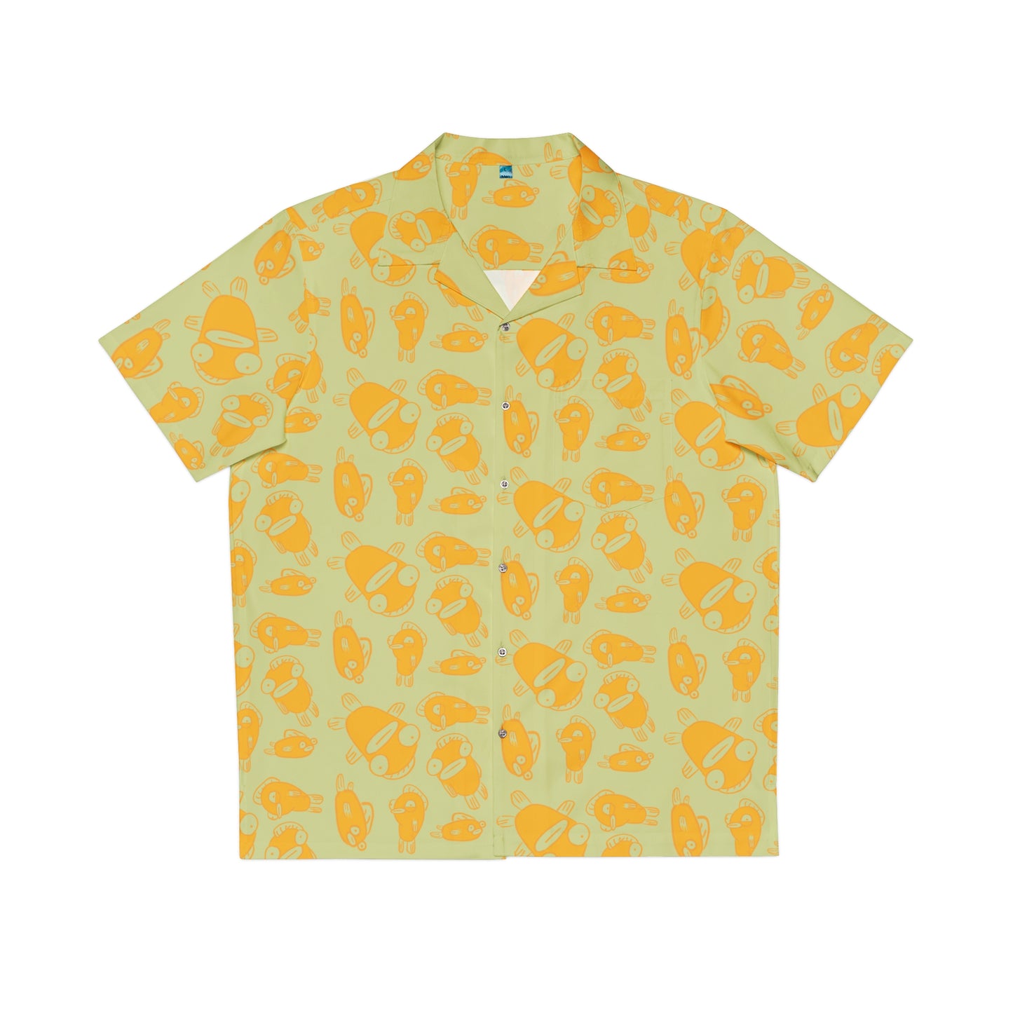 90s nostalgic print with funky fish character design in orange linework on sage green button up aloha shirt 