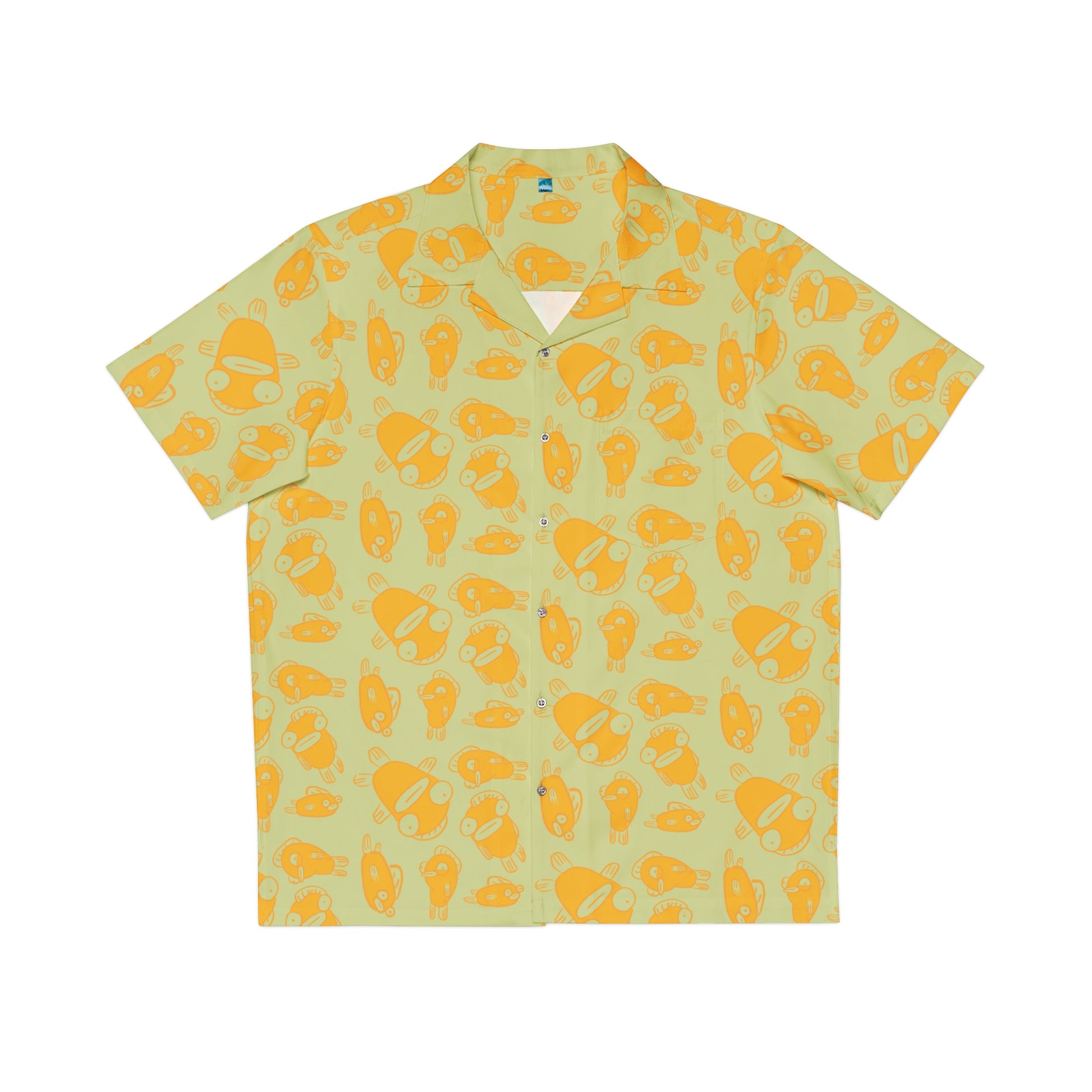 90s nostalgic print with funky fish character design in orange linework on sage green button up aloha shirt 