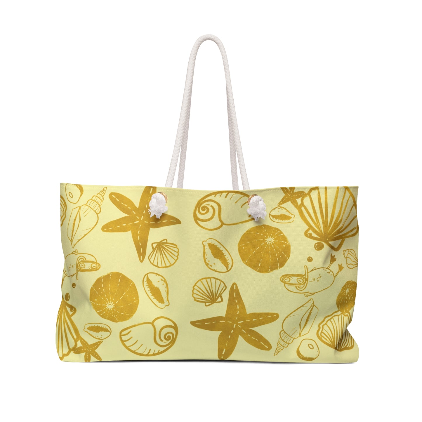 large beach bag with vintage yellow print of sea shells and a surfjoy frog character diving 