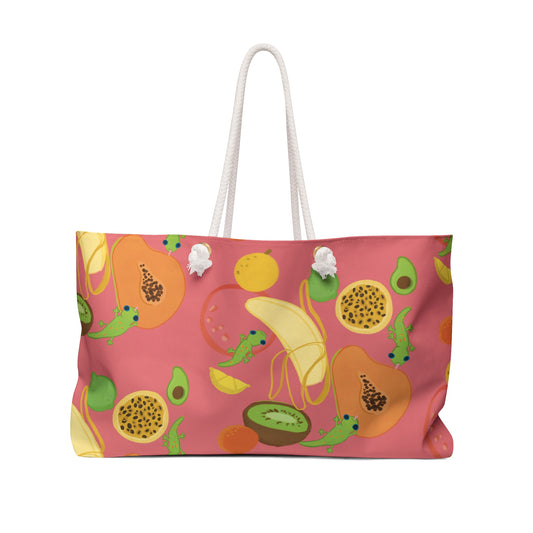 large beach bag in beautiful guava pink beach bag with tropical fruits and geckos bananas, lilikoi, kiwi, papaya, citrus avocado