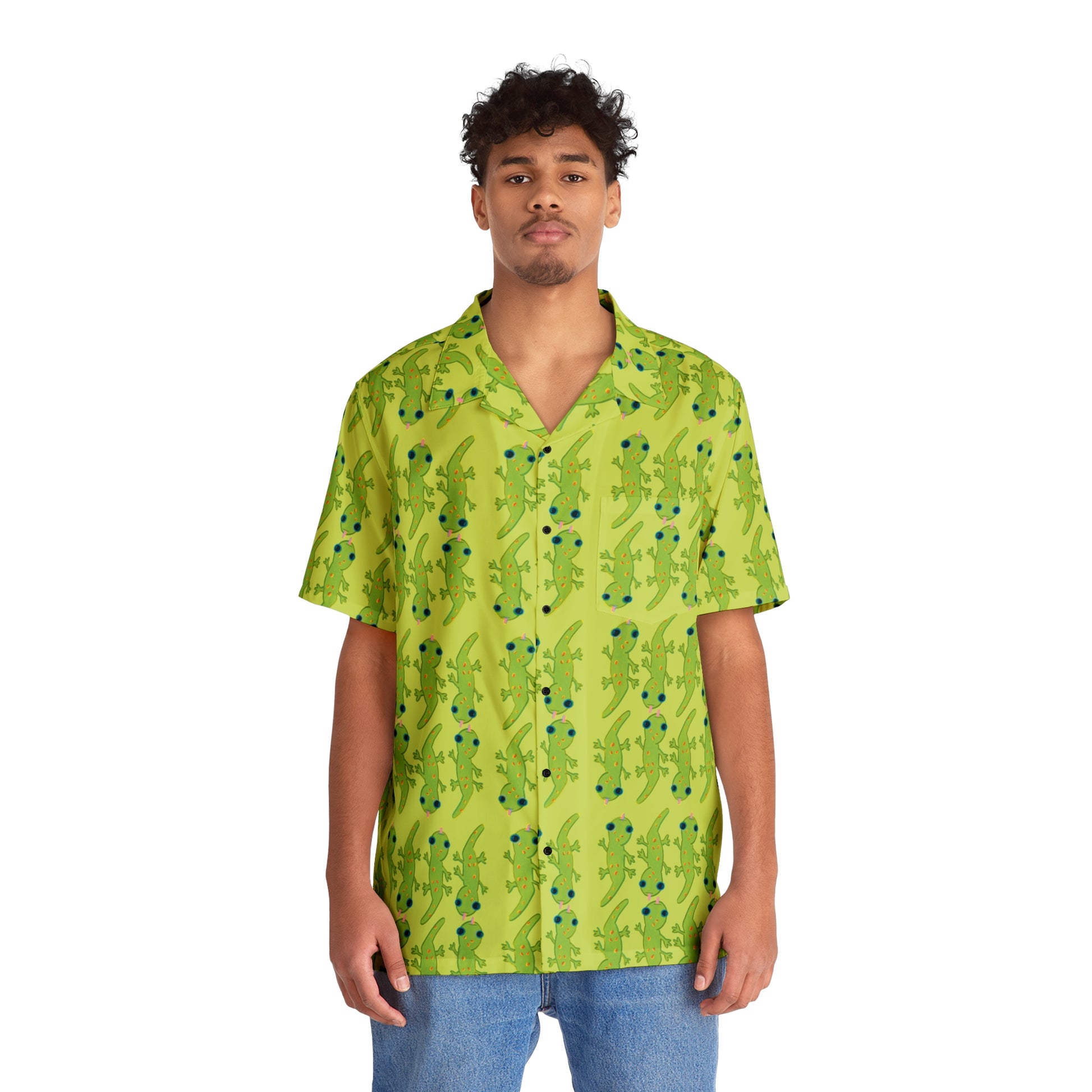 Hawaiian man wearing a green Button up aloha dress shirt with green gecko print, 90's nostalgic colors