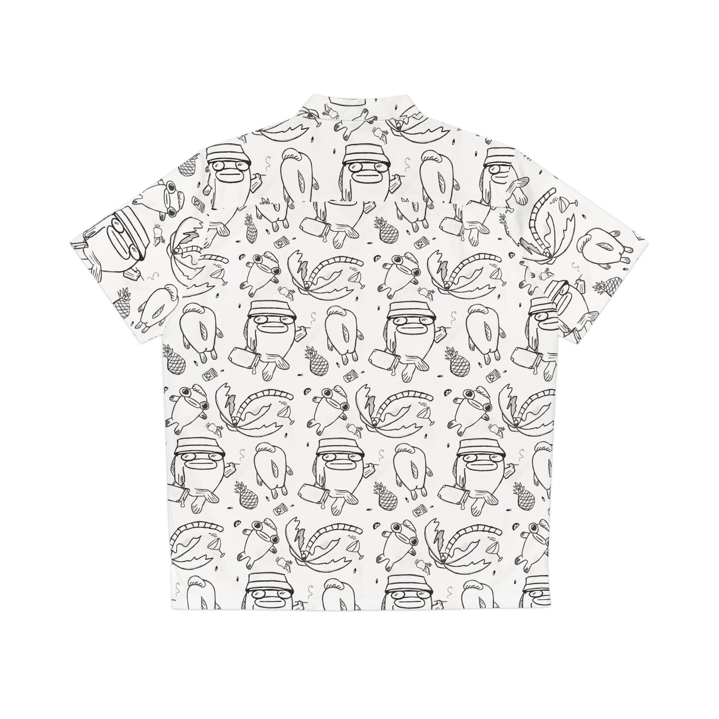 Psychedelic Button Up Dress Shirt, white with black illustrations of fish in Fear and Loathing commemorative style  on the beach