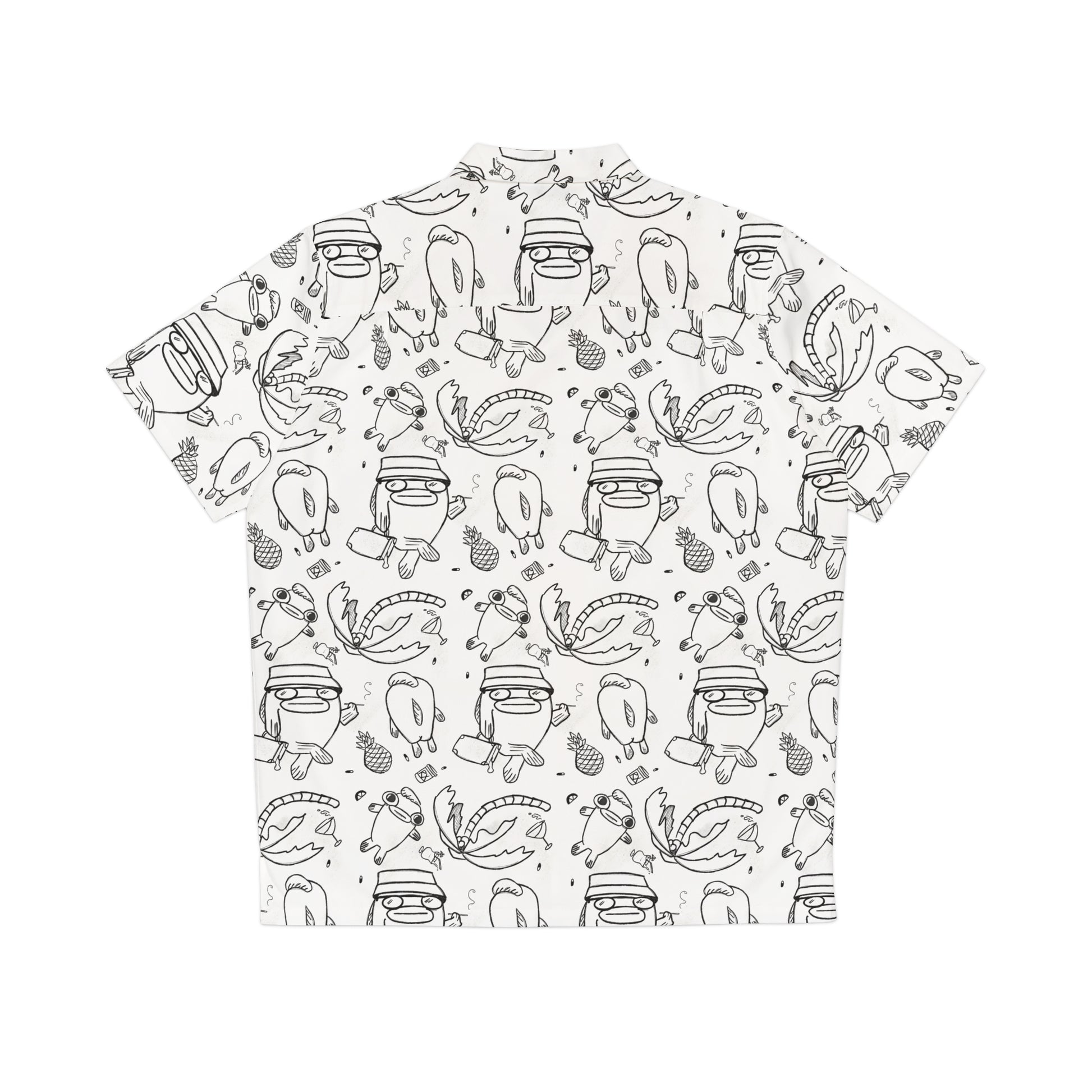 Psychedelic Button Up Dress Shirt, white with black illustrations of fish in Fear and Loathing commemorative style  on the beach