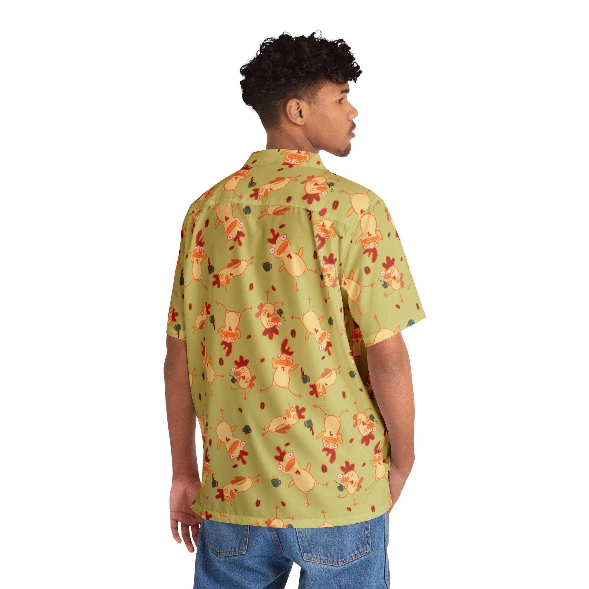 back view of a Hawaiian man wearing a sage green button up shirt with a funky chicken and coffee bean pattern, aloha shirt, chickens drinking cofffee