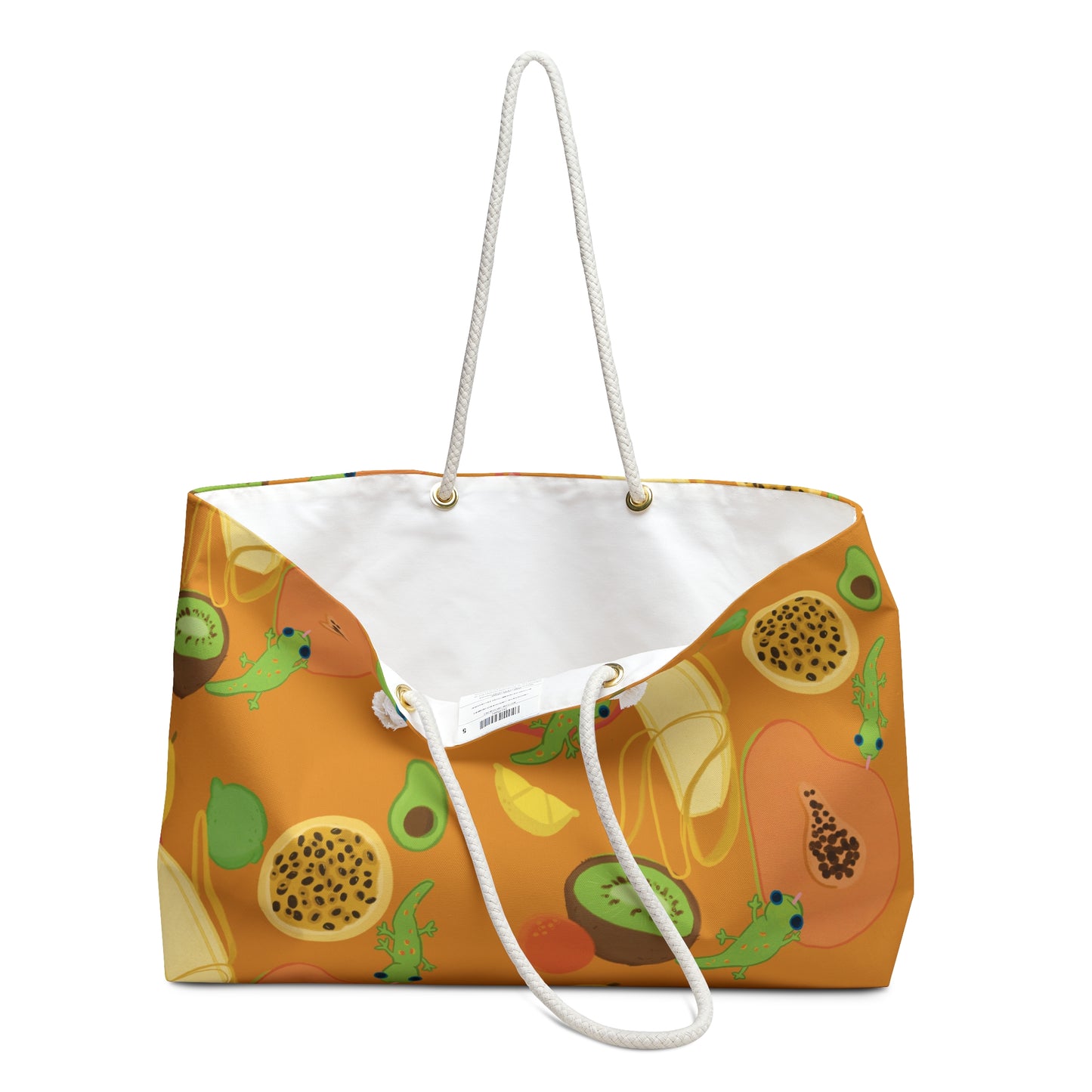 large orange beach bag with rope handles and pattern of tropical fruits and geckos with banana papaya kiwi lilikoi avocado hawaii fruits