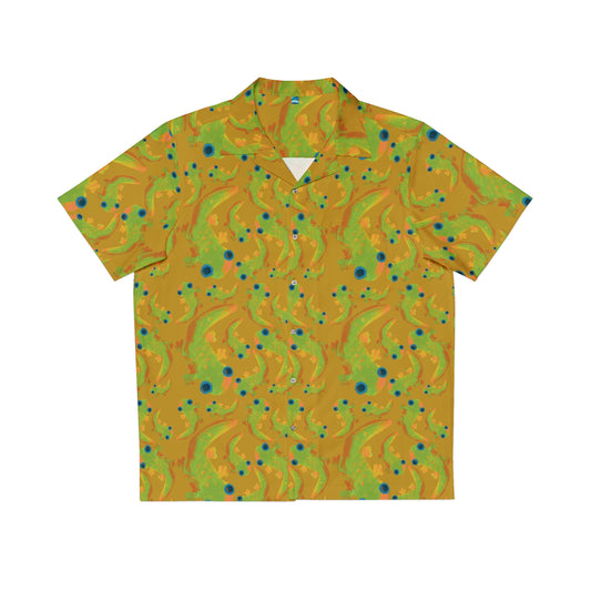 button up shirt with psychedelic gecko pattern in 70s chic colors, kaleidoscope style geckos in bright green with blue dots and yellow ochre