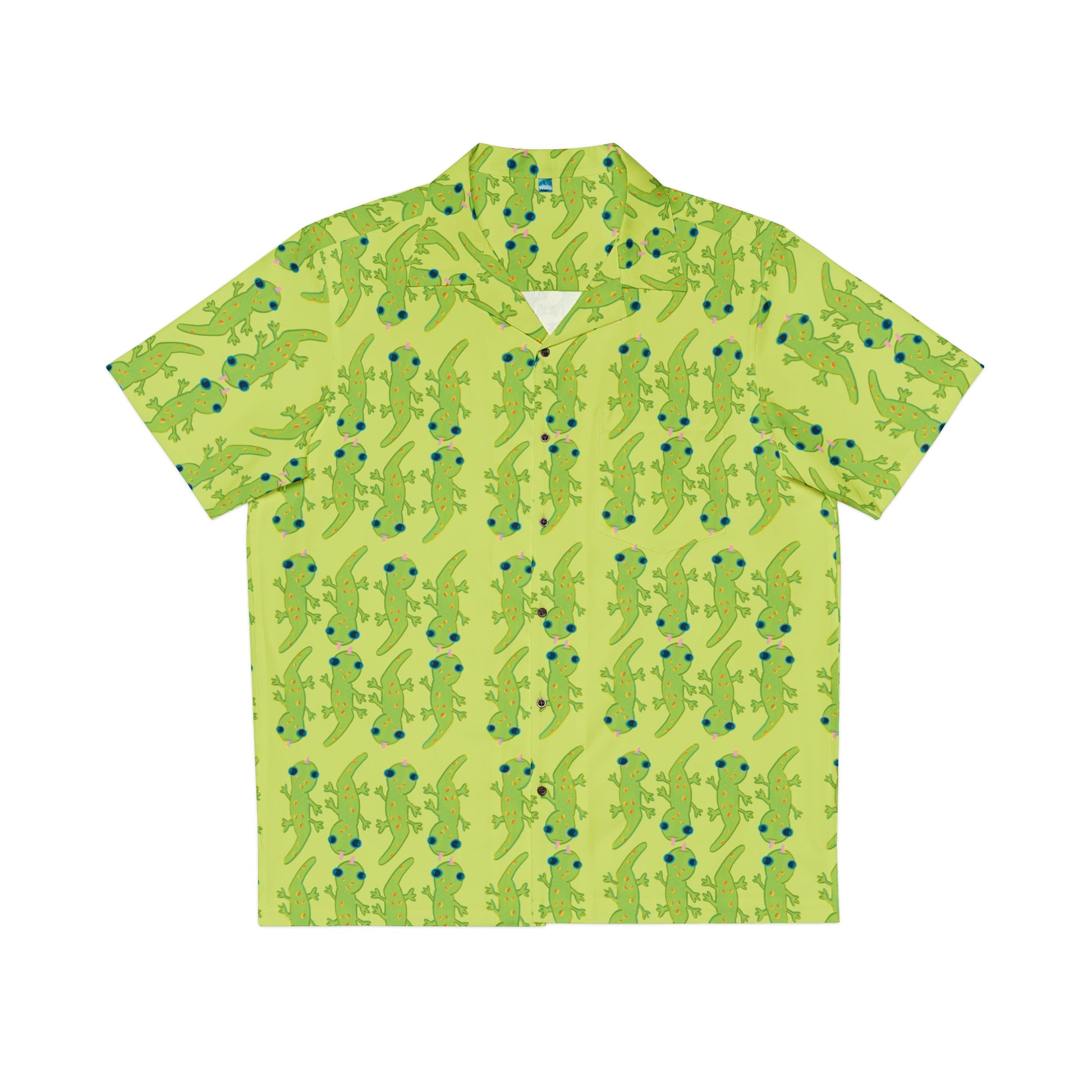 Hawaiian man wearing a green Button up aloha dress shirt with green gecko print, 90's nostalgic colors