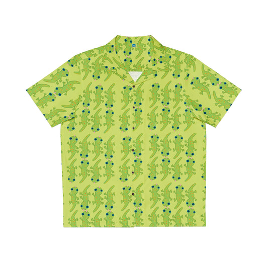 Hawaiian man wearing a green Button up aloha dress shirt with green gecko print, 90's nostalgic colors