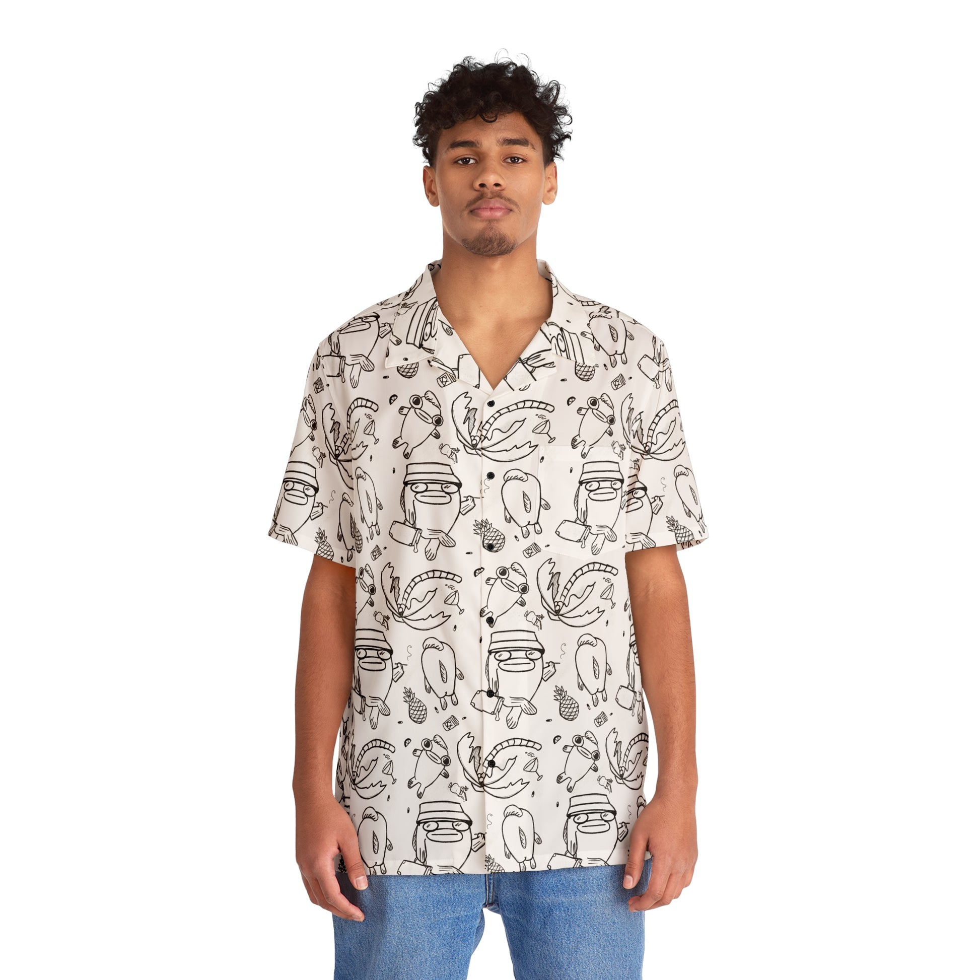 Psychedelic Button Up Dress Shirt, white with black illustrations of fish in Fear and Loathing commemorative style  on the beach