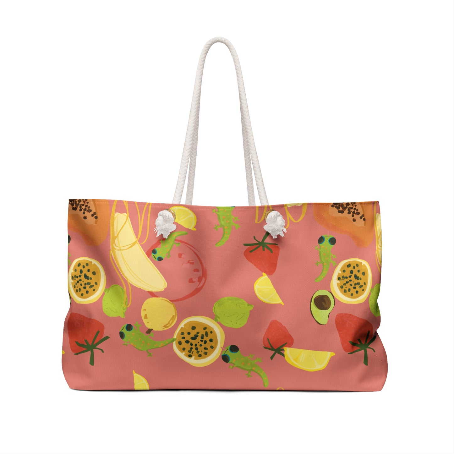 Tropical fruits n' gecko Weekender Beach Bag in Guava