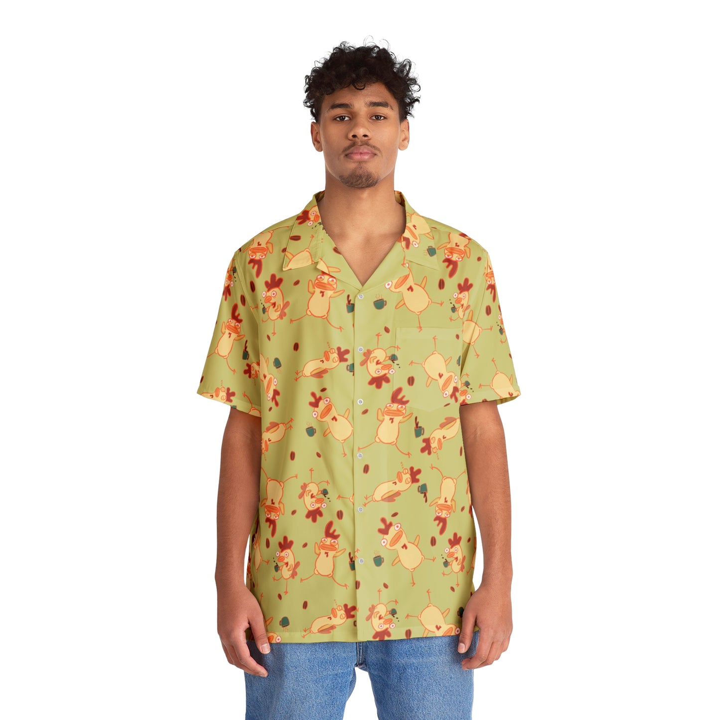 A Hawaiian man wearing a sage green button up shirt with a funky chicken and coffee bean pattern, aloha shirt, chickens drinking cofffee