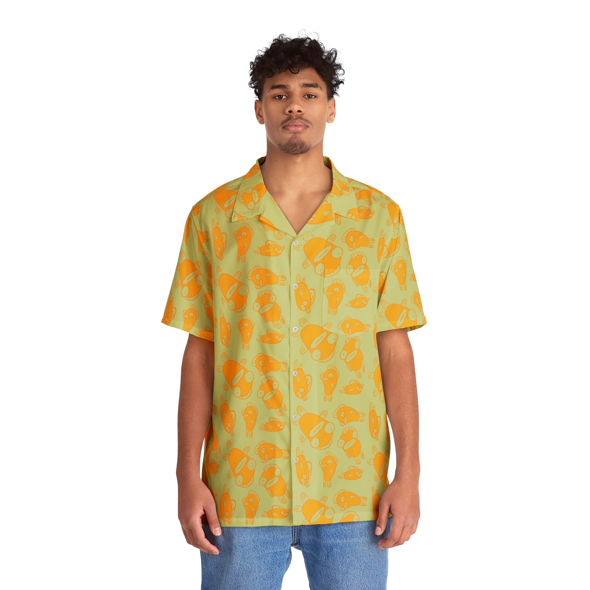 hawaiian man wearing 90s nostalgic print with funky fish character design in orange linework on sage green button up aloha shirt 