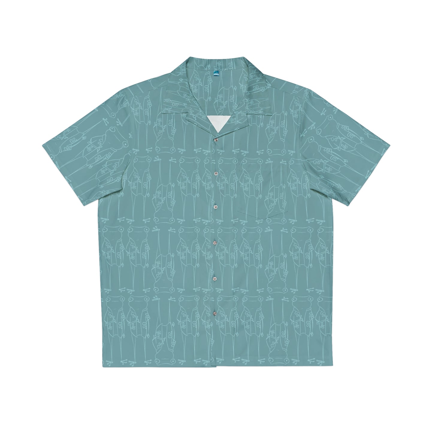 A surfjoy frog character button up aloha dress shirtin muted aqua blue with lighter blue print