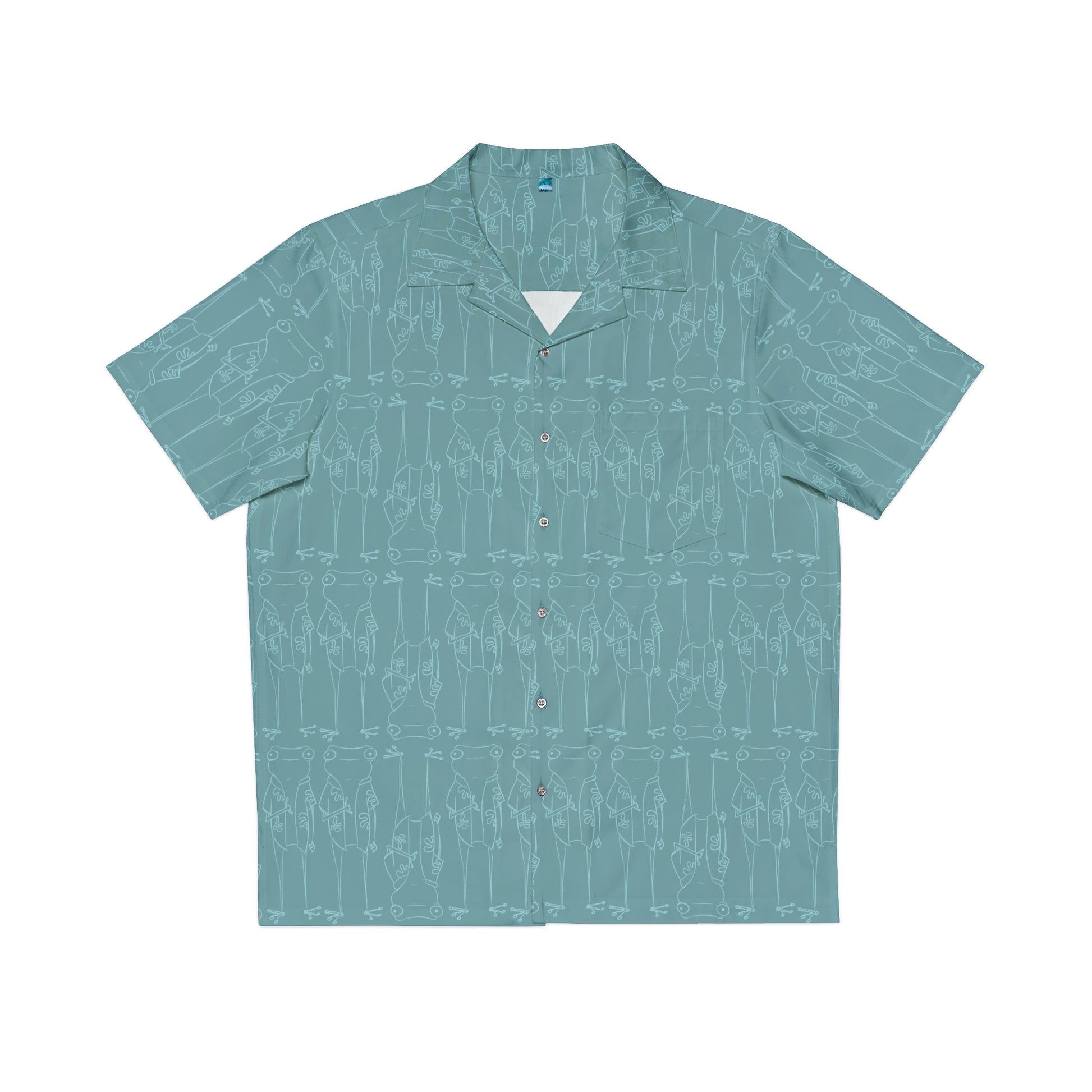 A surfjoy frog character button up aloha dress shirtin muted aqua blue with lighter blue print