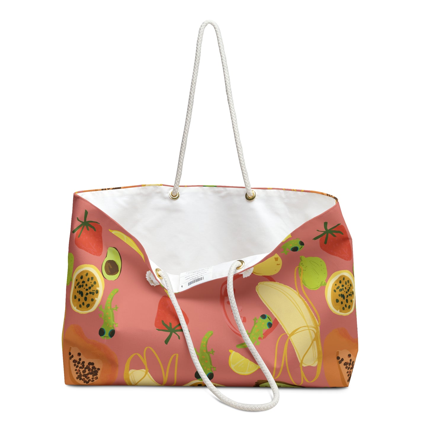 Tropical fruits n' gecko Weekender Beach Bag in Guava