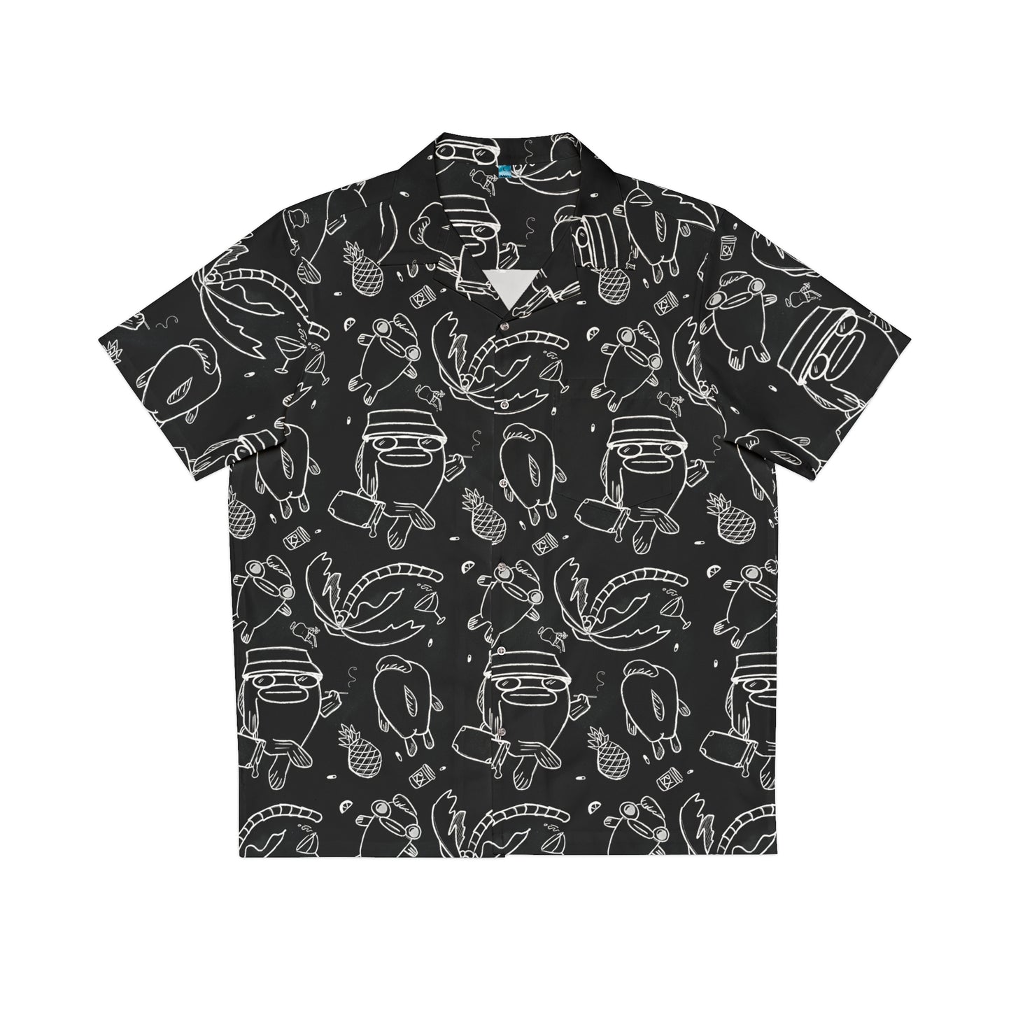 Psychedelic Button Up Dress Shirt, black shirt with white line work illustrations of fish in Fear and Loathing commemorative style on the beach