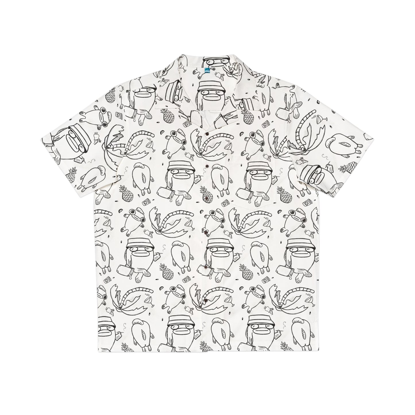 Psychedelic Button Up Dress Shirt, white with black illustrations of fish in Fear and Loathing commemorative style  on the beach