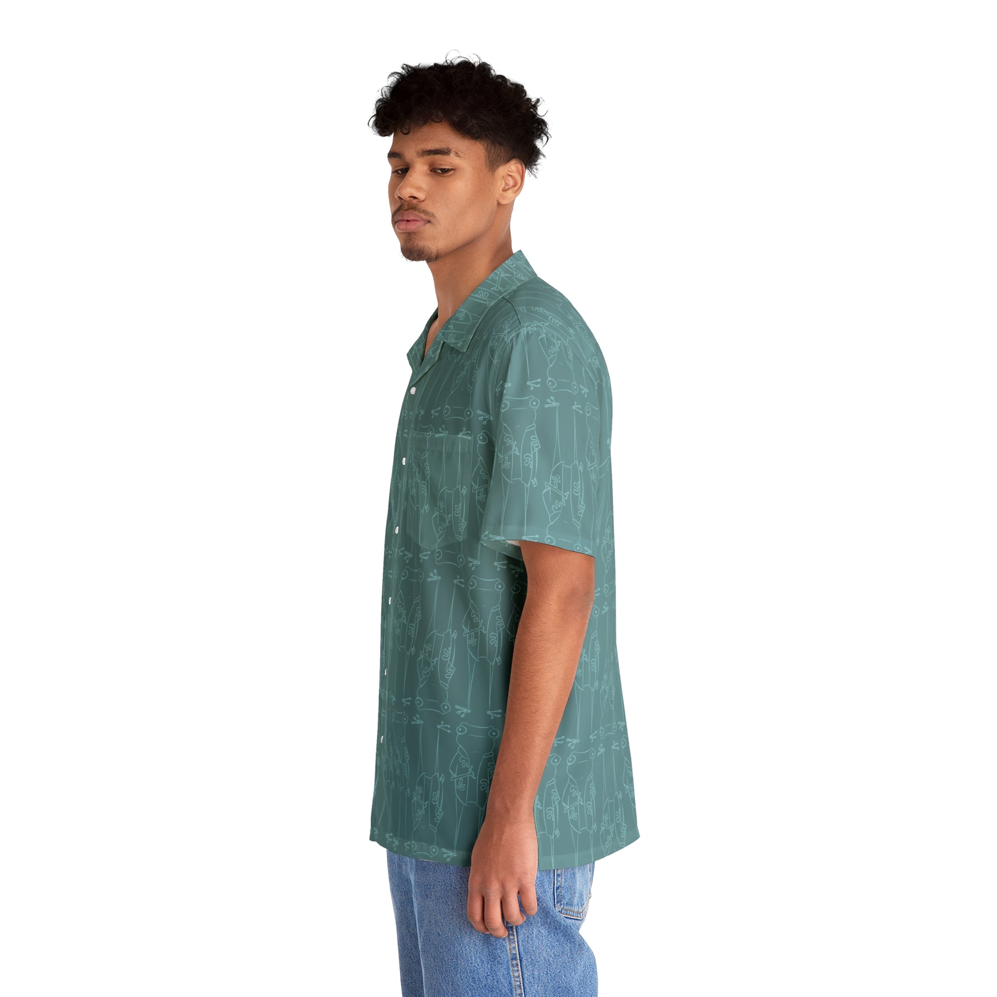 side view of a hawaiian man wearing a A surfjoy frog character button up aloha dress shirt in muted aqua blue with lighter blue print