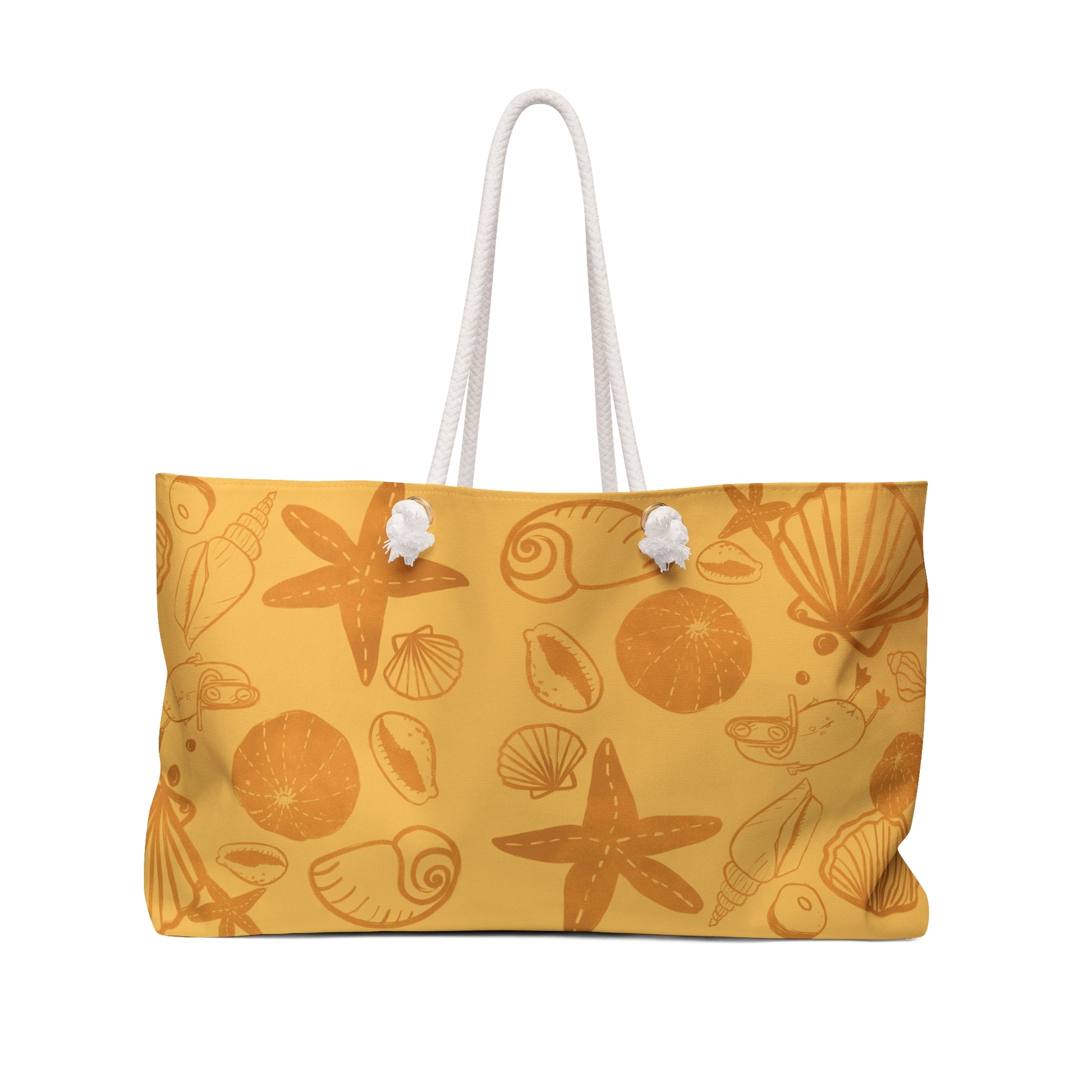 large beach bag with vintage orange print of sea shells and a surfjoy frog character diving 