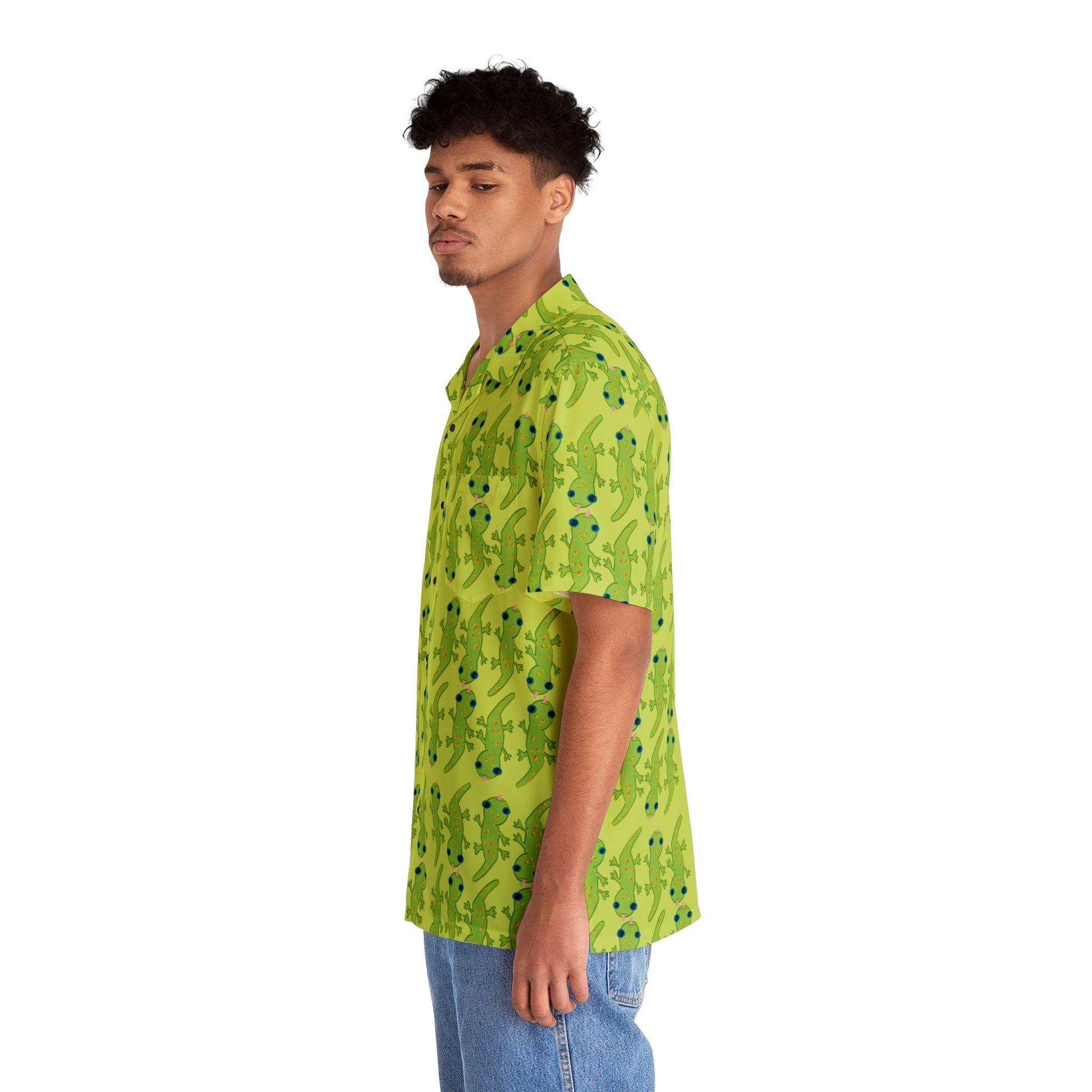 side view of a Hawaiian man wearing a green Button up aloha dress shirt with green gecko print, 90's nostalgic colors