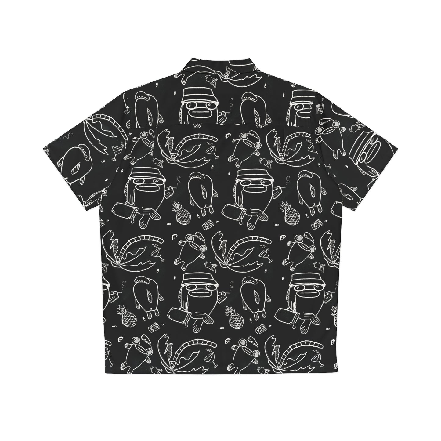 Psychedelic Button Up Dress Shirt, black shirt with white line work illustrations of fish in Fear and Loathing commemorative style on the beach